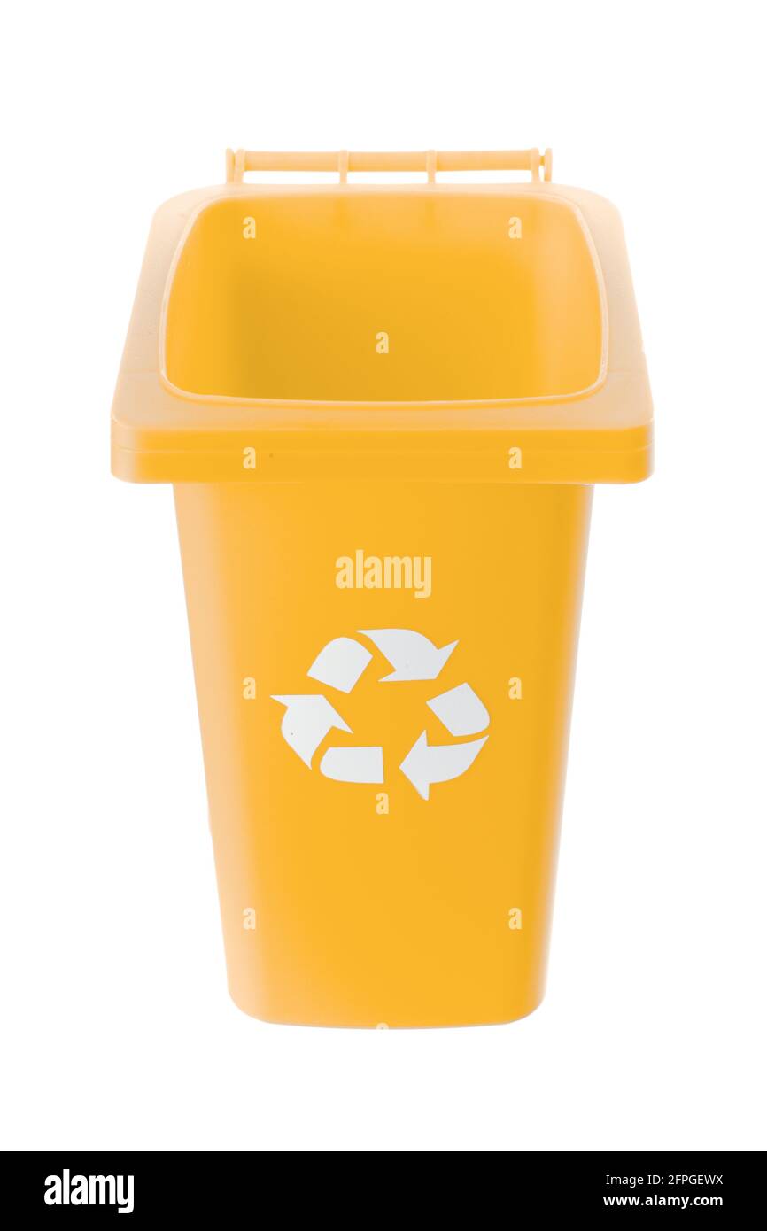 Plastic yellow trash can isolated on white background Stock Photo Alamy