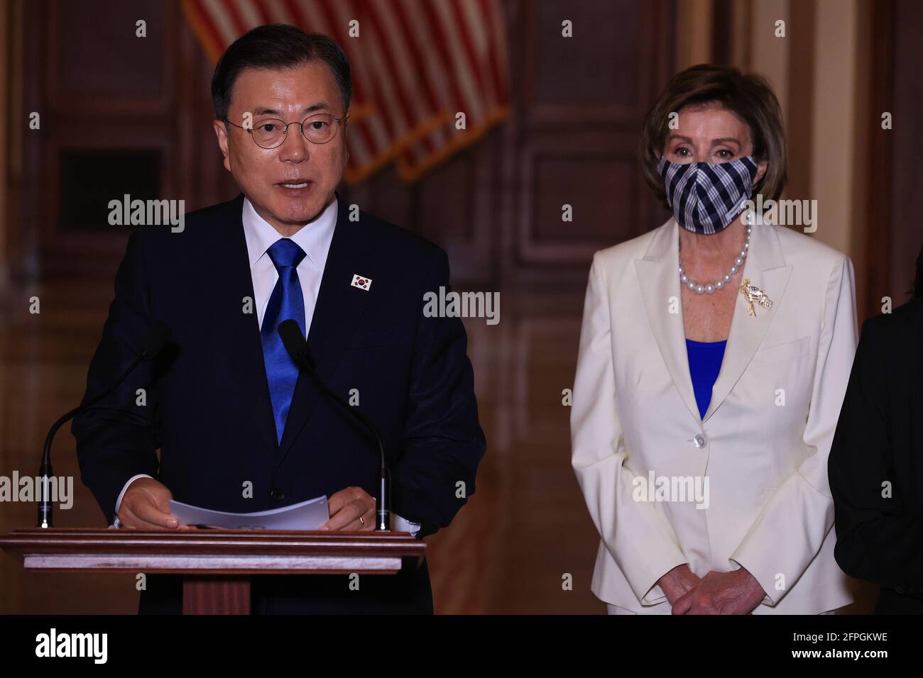 Washington, United States. 20th May, 2021. Korean President Moon Jae-in (L) and Speaker of the House Nancy Pelosi deliver brief remarks at her offices at the U.S. Capitol on Thursday, May 20, 2021 in Washington, DC. Moon will also visit the White House to meet with U.S. President Joe Biden to discuss North Korea, the coronavirus vaccine rollout and other topics on Friday. Pool Photo by Chip Somodevilla/UPI Credit: UPI/Alamy Live News Stock Photo