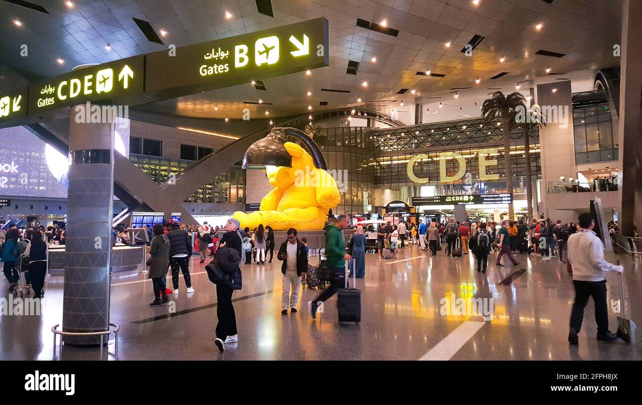 DOHA, QATAR - 01.21.2018: View of the terminal of Hamad International Airport (DOH), opened in 2014 as a new international airport in Doha. It is the Stock Photo