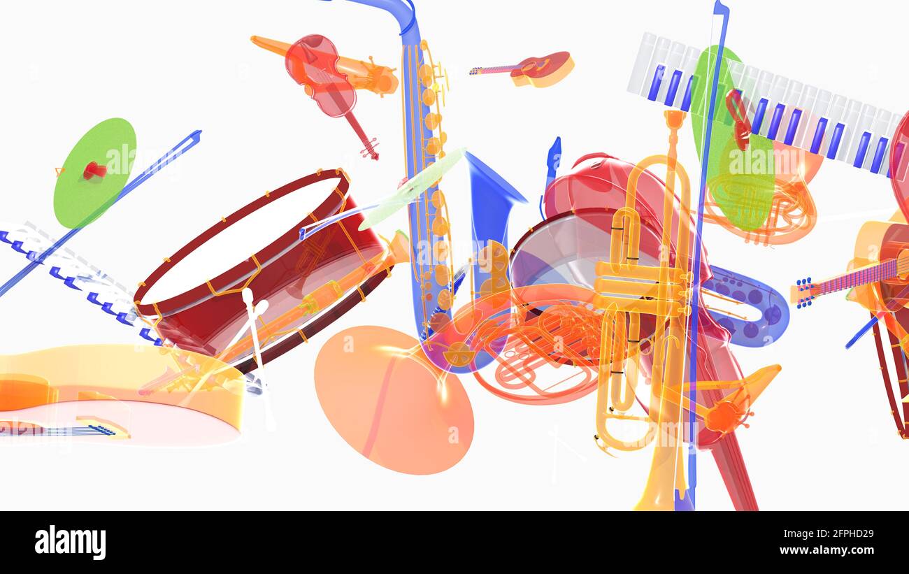 Illustration 3d animation of various transparent music instruments with bright colors. Moving in space on white background Stock Photo - Alamy Illustration 3d animation of various transparent music instruments with bright colors. Moving in space on white background Stock Photo - Alamy