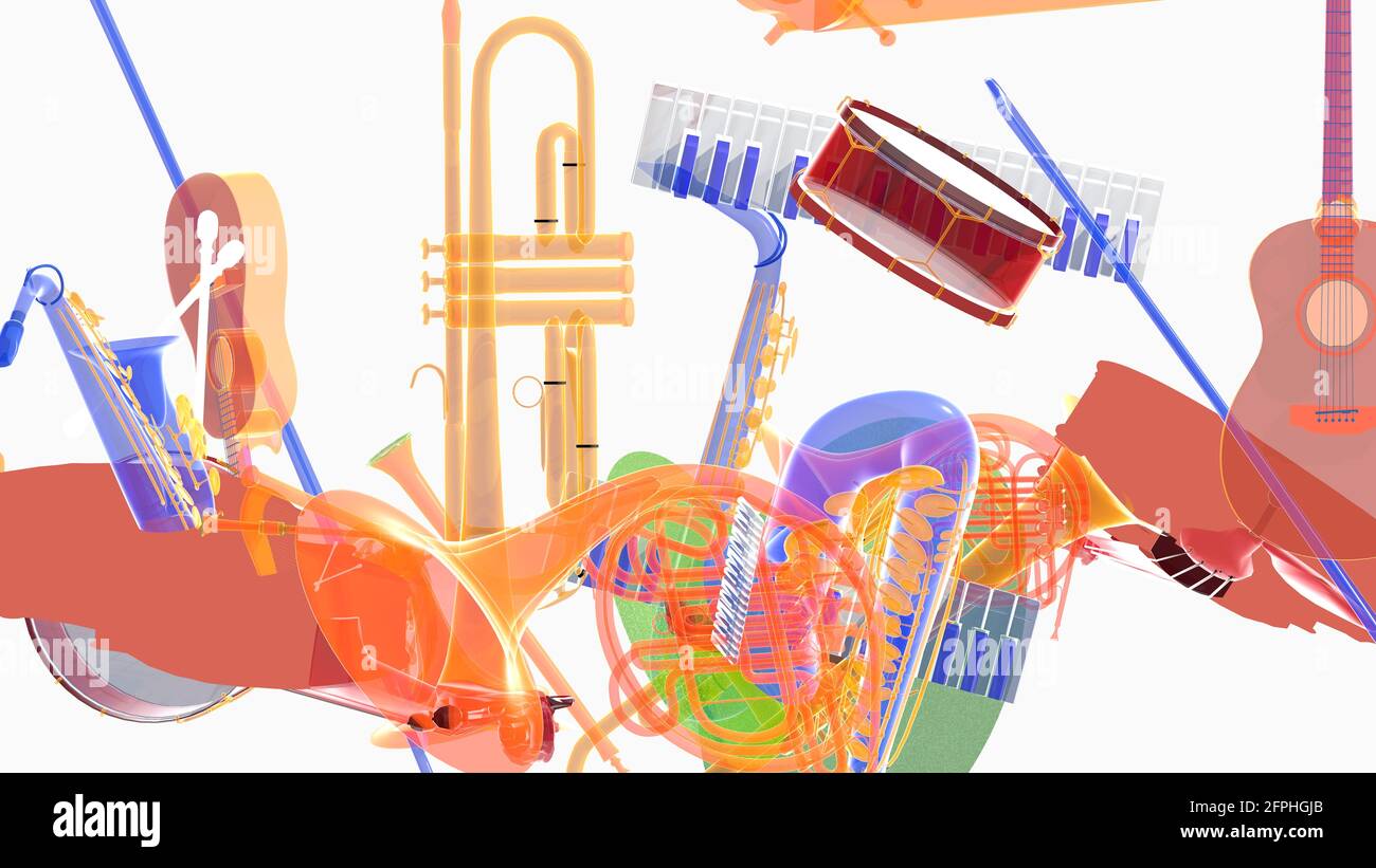 Illustration 3d animation of various transparent music instruments with  bright colors. Moving in space on white background Stock Photo - Alamy
