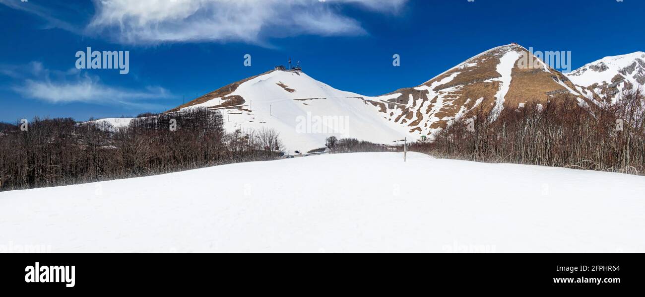 Scenery view of mountains with snow in clear day light, no people Terminillo Italy Stock Photo