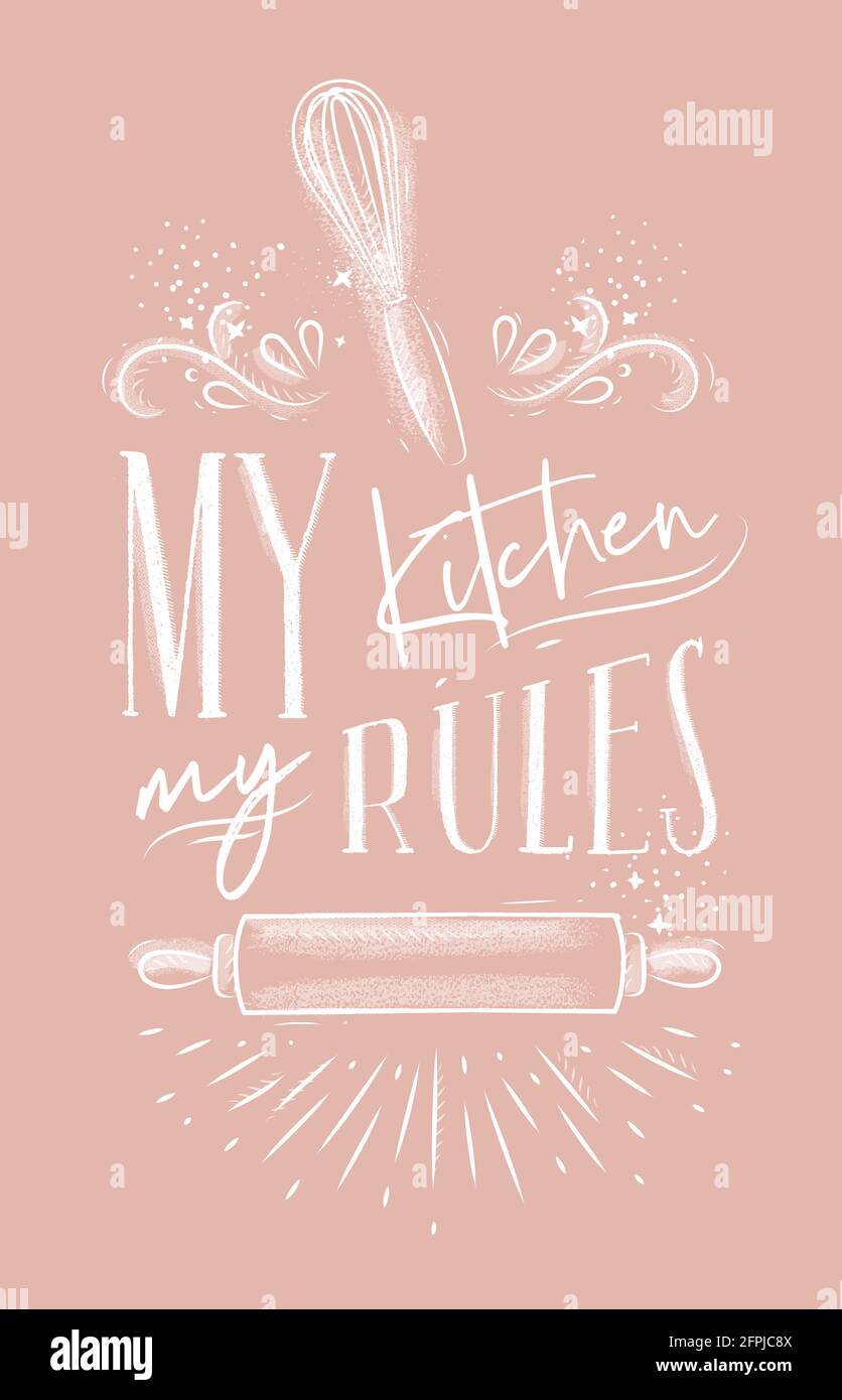 Poster with illustrated pastry equipment lettering my kitchen rules in