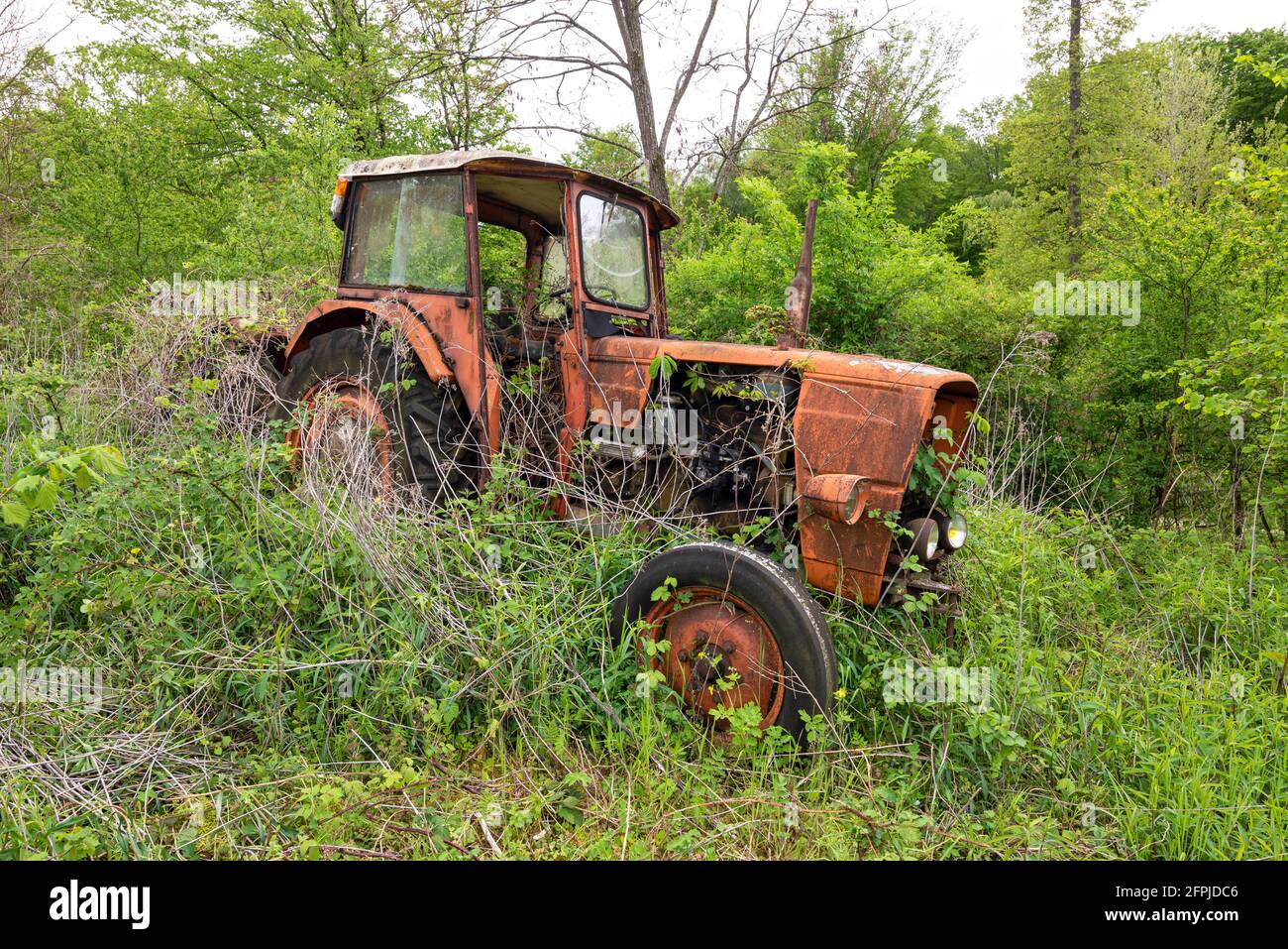 Old rusty vintage abandoned tractor in a field overgrown with tall grass. Stock Photo