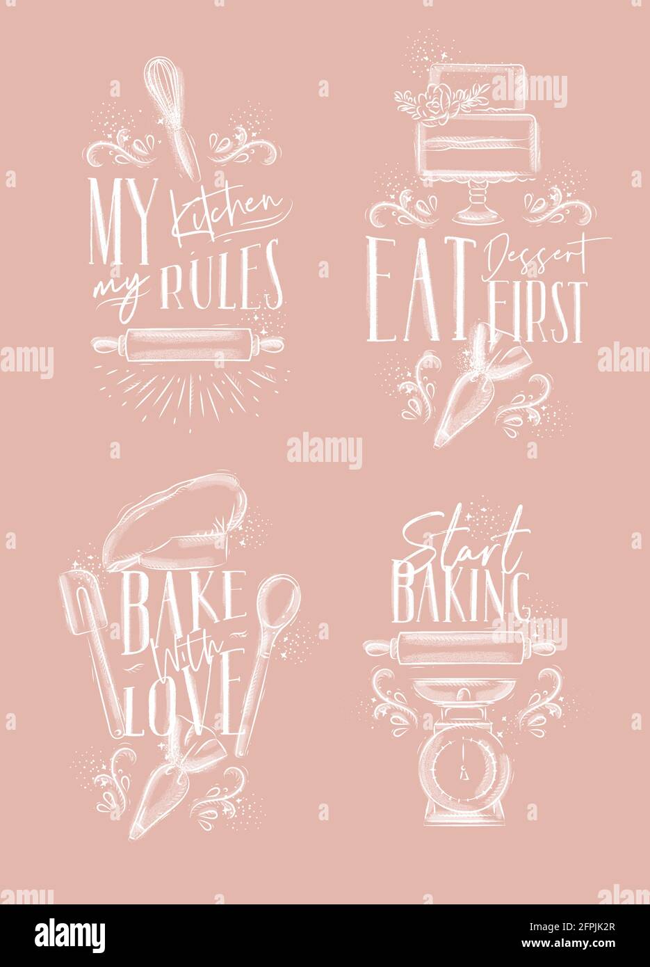 Set of bakery letterings my kitchen rules, eat dessert first, bake with love in hand drawing style on pink background. Stock Vector