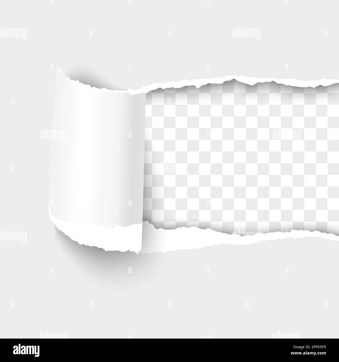 Torn paper hole from right to left white sheet of paper with shadow and paper curl. Realistic 3d vector template paper design. Stock Vector