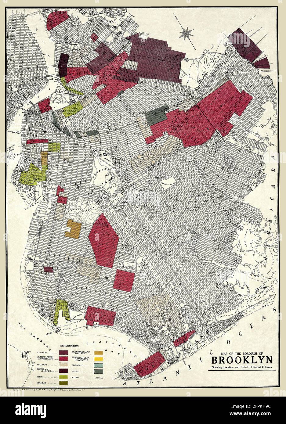 Original title: 'Map of the Borough of Brooklyn showing location of racial colonies.' This is an enhanced, restored reproduction of a special map of Brooklyn, NY, showing locations of racial populations published 1920. Originally the map was a product of fear that certain 'unassimilated' groups might have seditious sympathies ('The Red Scare') at the time of the Bolshevik Revolution in Russia . [Also see a similar map of Manhattan]. This map was a commercial edition based on state government maps produced by the New York State Joint Legislative Committee to Investigate Seditious Activities. Stock Photo