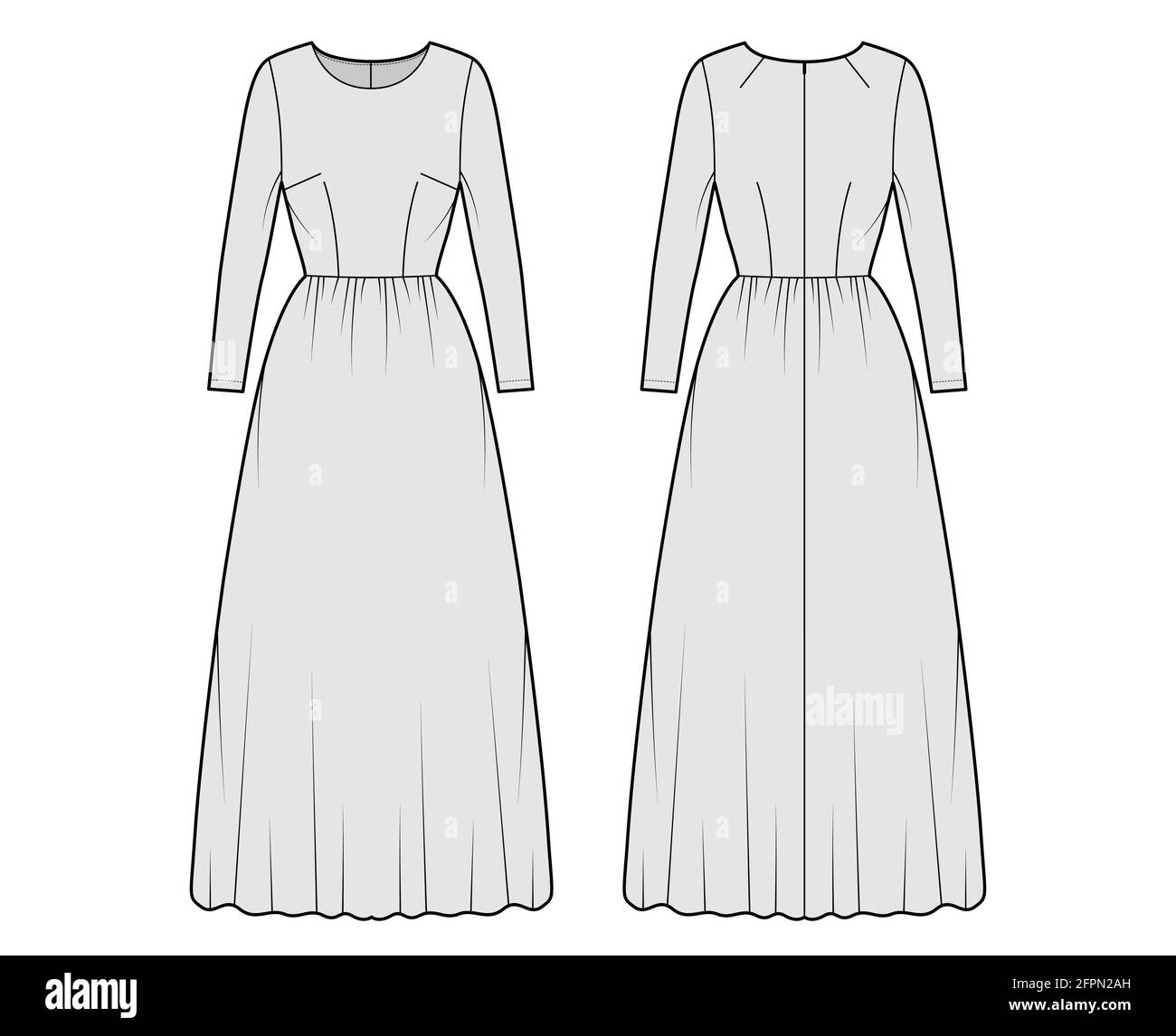 Dress long technical fashion illustration with long sleeve, fitted body ...