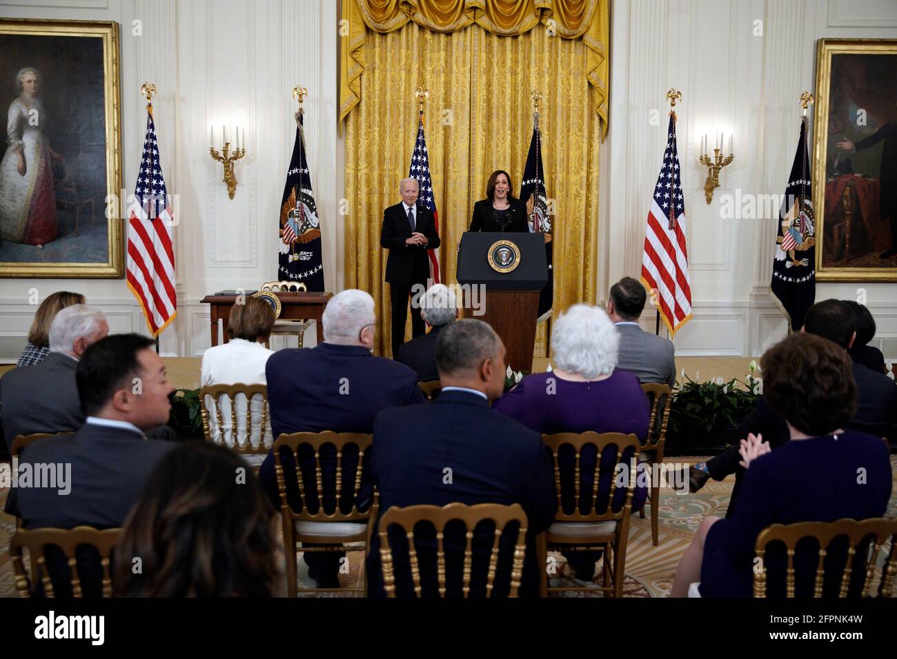 United States Vice President Kamala Harris delivers remarks before US President Joe Biden signs the COVID-19 Hate Crimes Act into law in the East Room at the White House in Washington on May 20, 2021.Credit: Yuri Gripas/Pool via CNP/MediaPunch Stock Photo