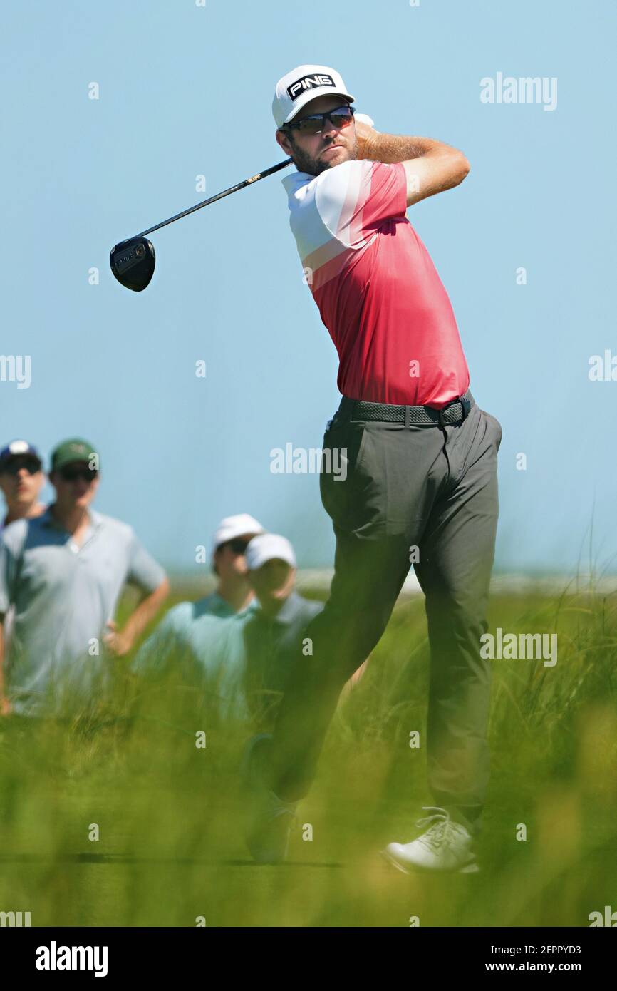 Kiawah Island, United States. 20th May, 2021. Corey Conners tees off at the 9th hole in the first round at the 103rd PGA Championship at Kiawah Island Golf Resort Ocean Course on Kiawah Island, South Carolina on Thursday, May 20, 2021. Photo by Richard Ellis/UPI Credit: UPI/Alamy Live News Stock Photo