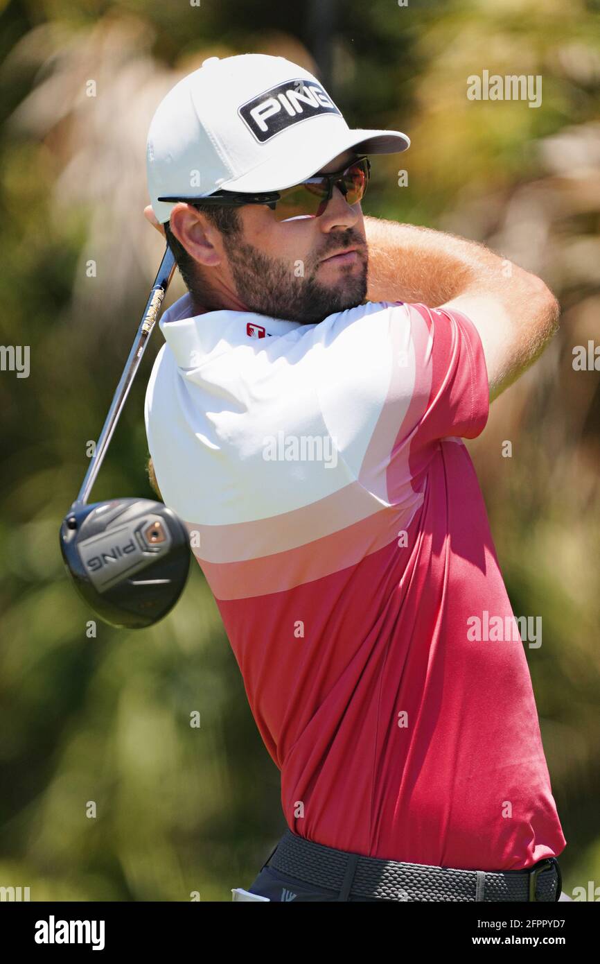 Kiawah Island, United States. 20th May, 2021. Corey Conners watches his shot as he tees off at the 2nd hole in the first round at the 103rd PGA Championship at Kiawah Island Golf Resort Ocean Course on Kiawah Island, South Carolina on Thursday, May 20, 2021. Photo by Richard Ellis/UPI Credit: UPI/Alamy Live News Stock Photo