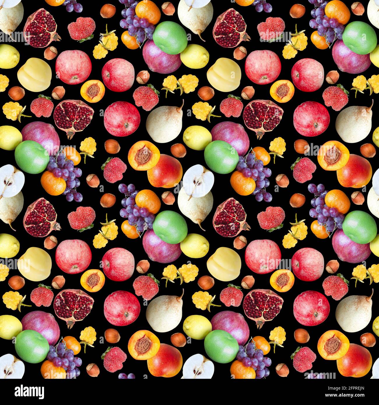 Seamless colorful pattern with different fruits on a black background Stock Photo
