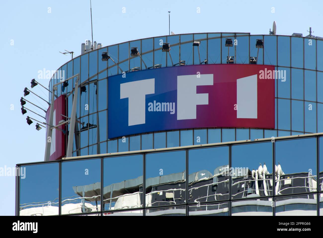 Exterior view of the headquarters of the TF1 group. TF1, a subsidiary of the Bouygues group, is the leading French television channel Stock Photo