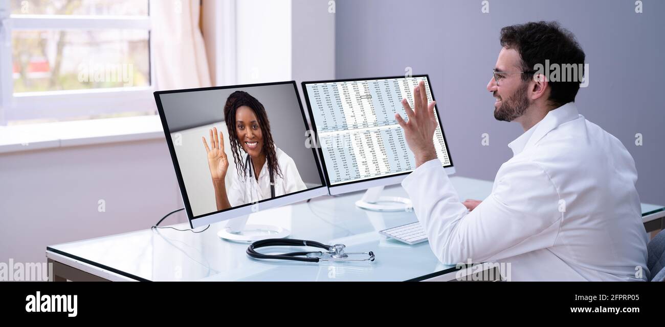 Medical Doctor Video Conference Technology And Online Elearning Stock