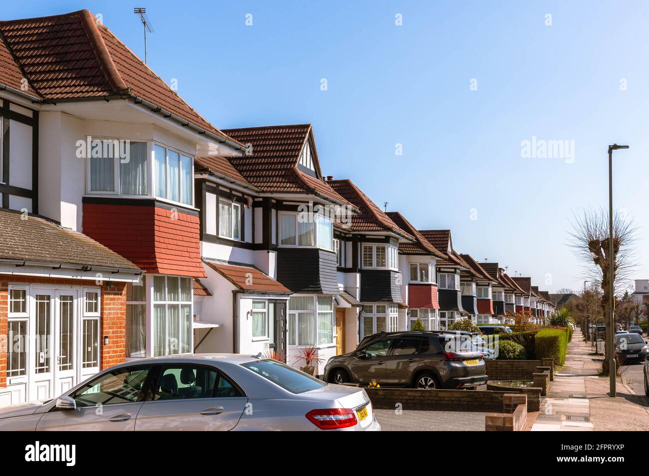 Row of detached, two storey houses, Hillcrest Avenue, Edgware, England, UK. Stock Photo