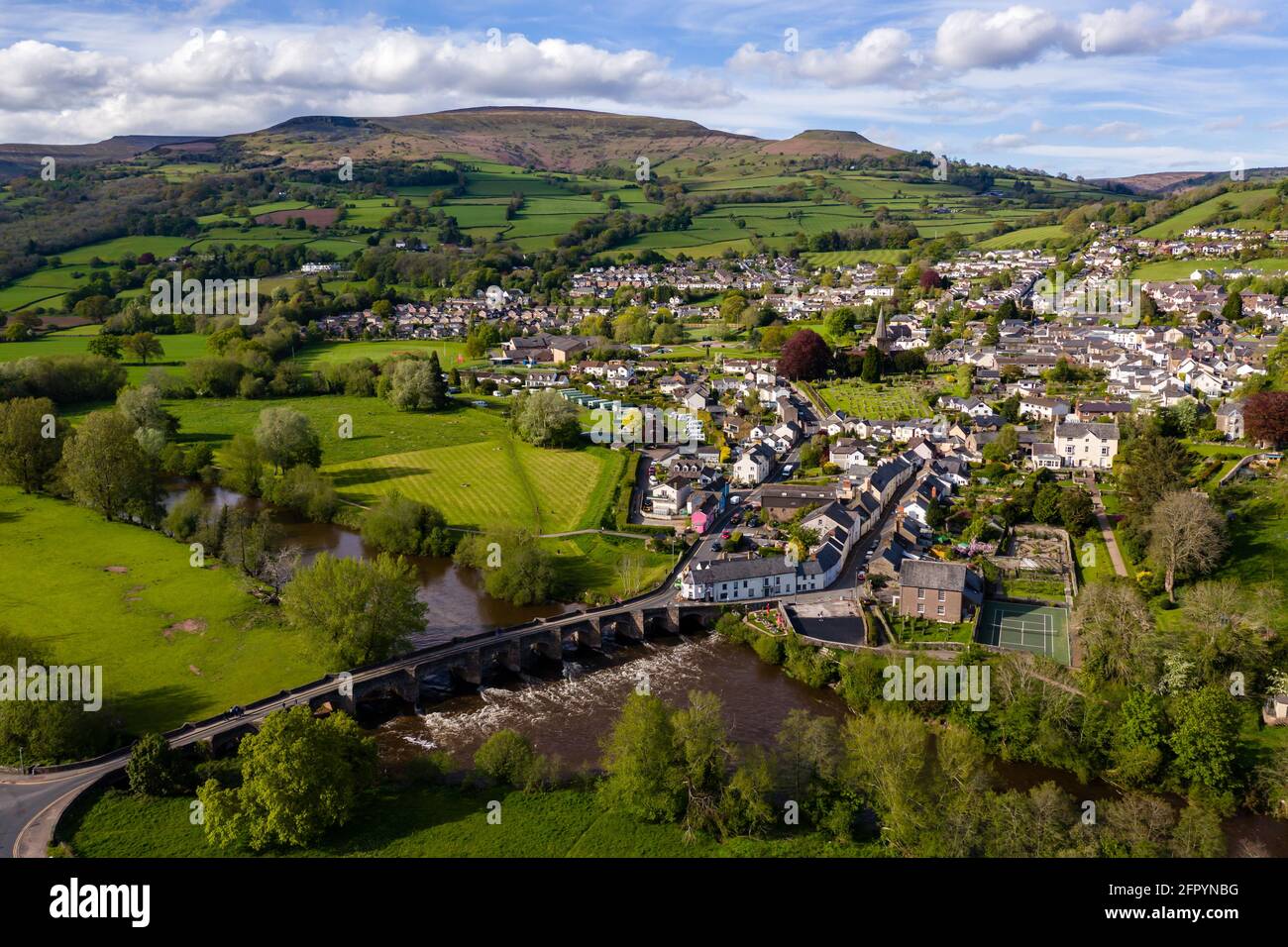 Aerial drone view of the Welsh town of Crickhowell in the Brecon Beacons Stock Photo