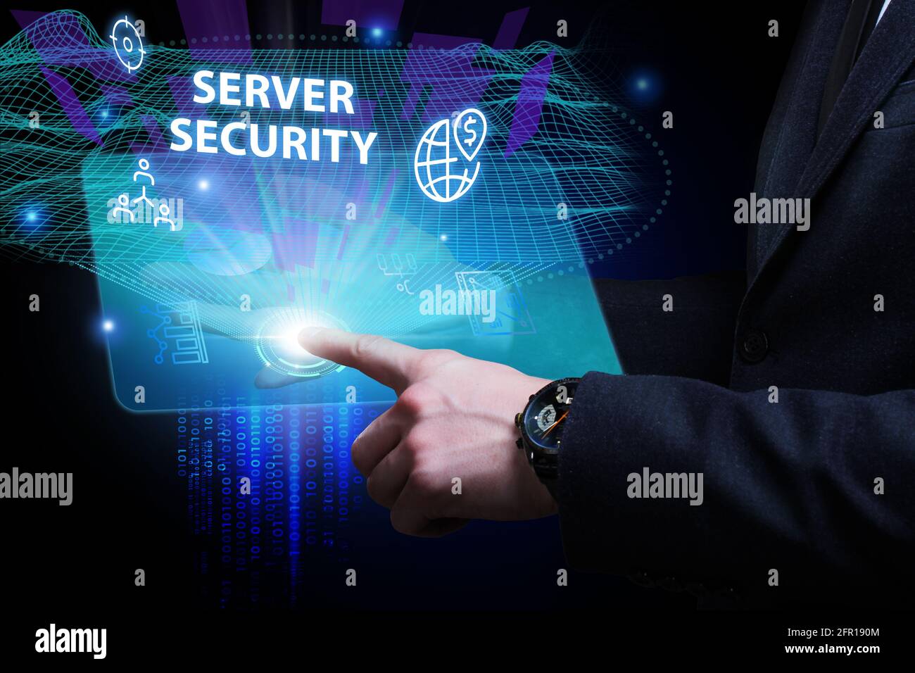 Business, Technology, Internet and network concept. Young businessman working on a virtual screen of the future and sees the inscription: Server secur Stock Photo