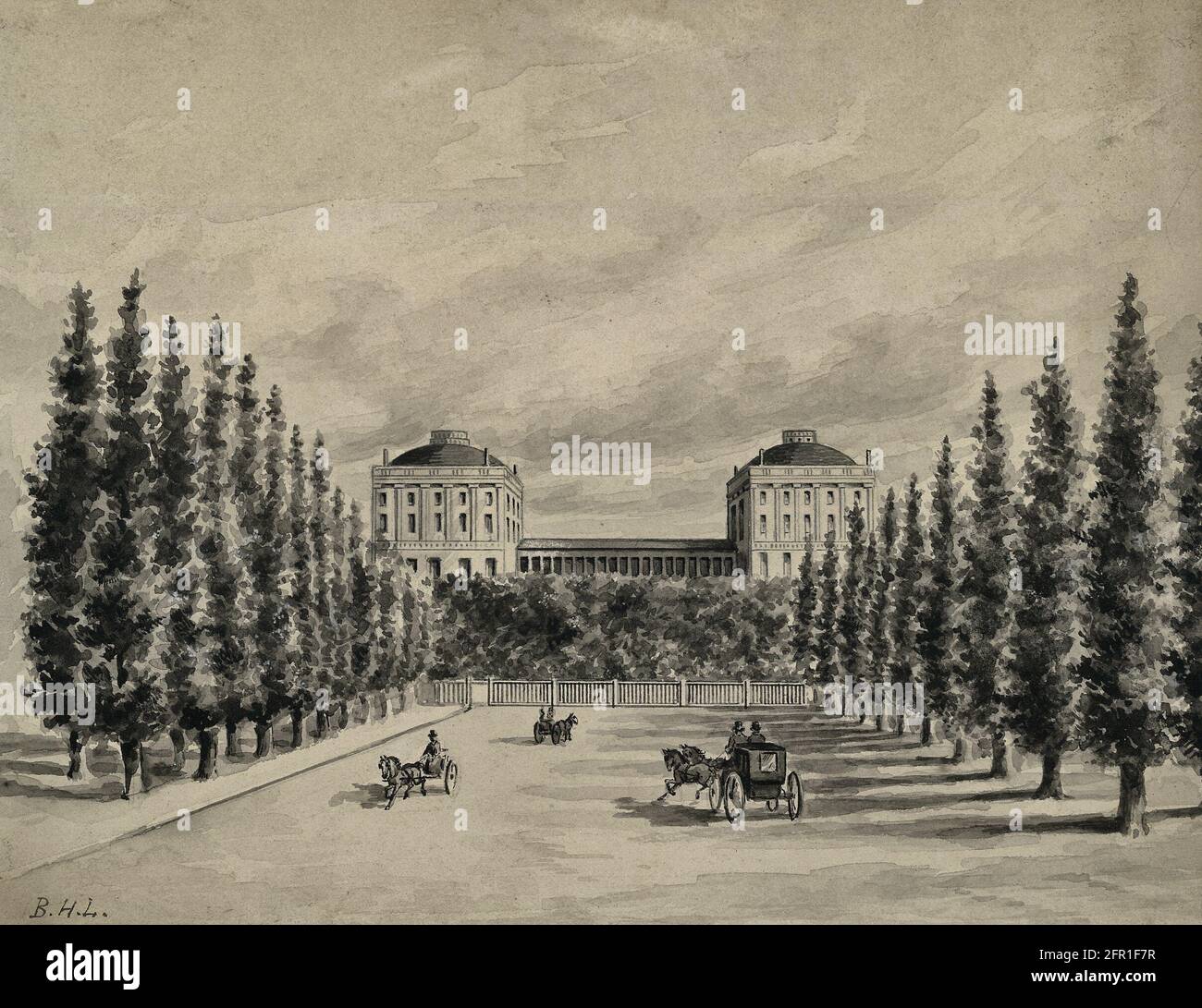 U.S. Capitol and Pennsylvania Avenue before 1814 -  This modest drawing by an unknown hand depicts the west front of an incomplete U. S. Capitol as it appeared between 1811 and its burning by the British in August 1814. A low temporary structure is shown connecting the north (Senate) and south (House) wings. It was known as the 'furnace' because of the high temperatures it reached in the summer months. For many years the drawing was incorrectly attributed to B. Henry Latrobe, the architect of the Capitol between 1806 and 1817 Stock Photo