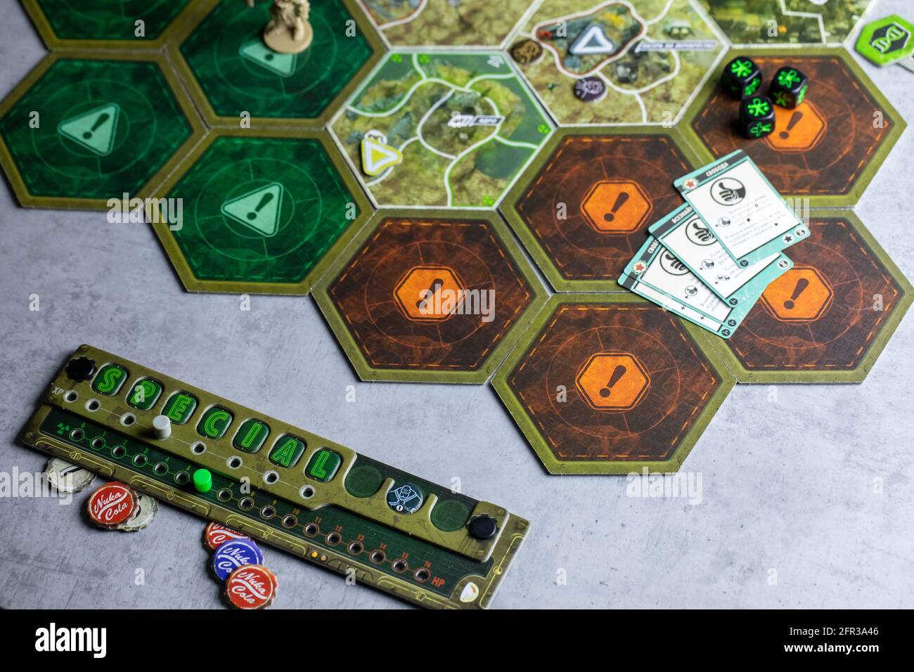 Roseville, MN, USA, 02.04.2021 Fallout Board Game components on table