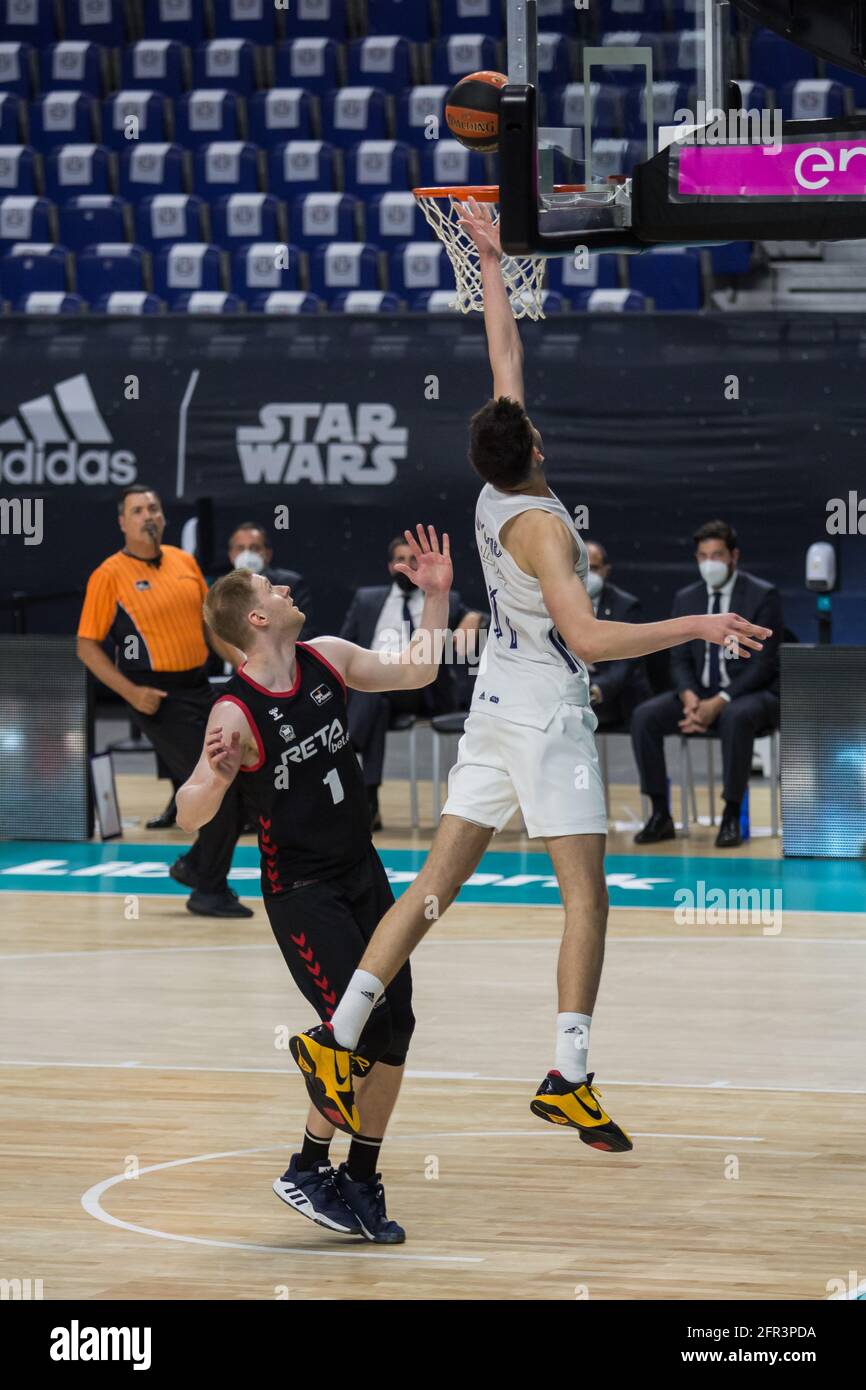 Madrid, Spain. 20th May, 2021. Tristan Vukcevic (white) during Real Madrid  victory over Retabe Bilbao Basket (70 - 59) in Liga Endesa regular season  game (day 37) celebrated in Madrid (Spain) at