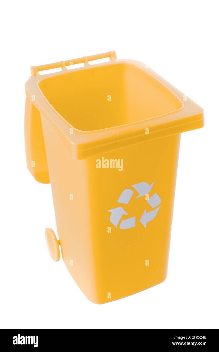 Plastic yellow trash can isolated on white background Stock Photo Alamy