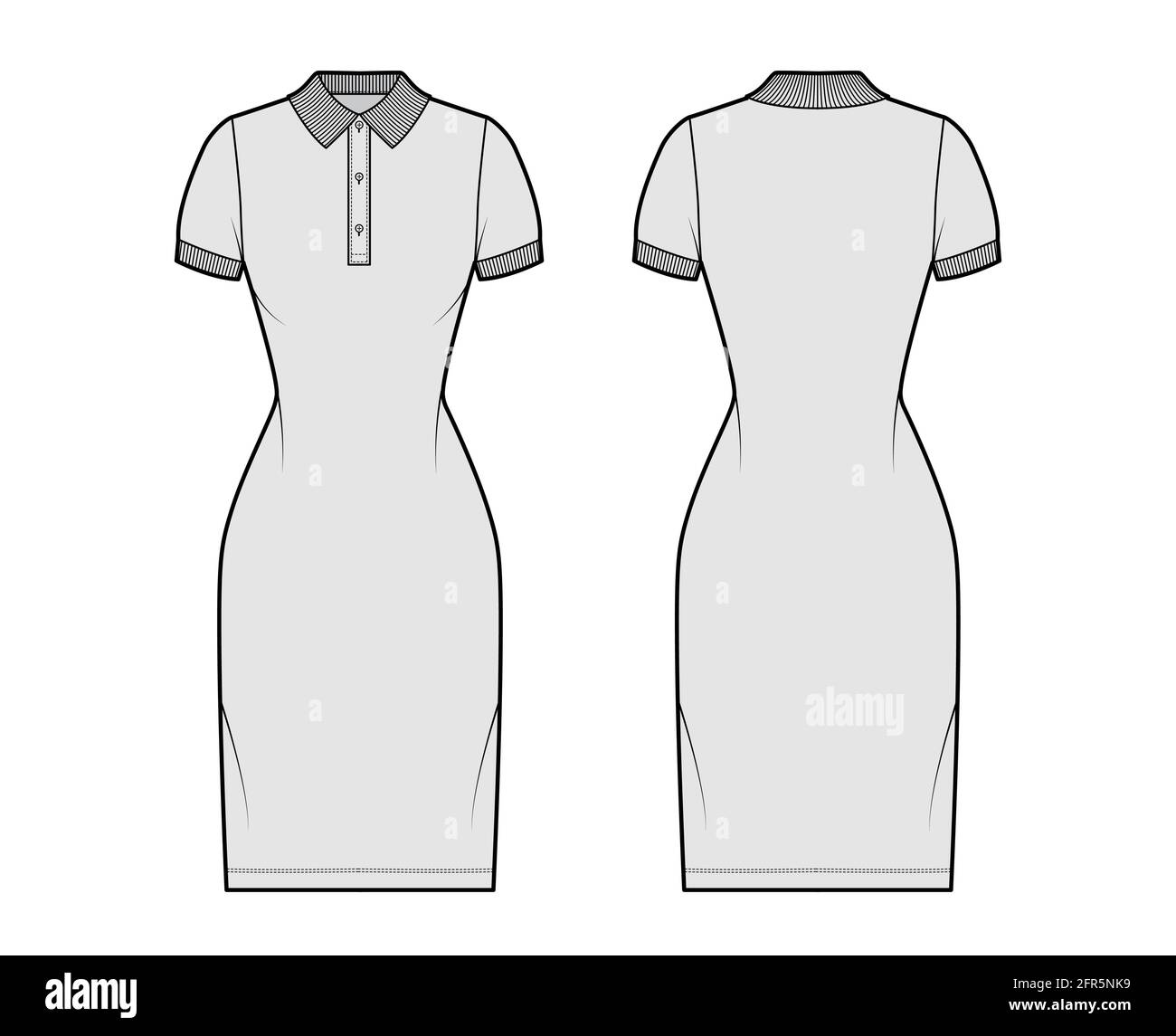 Dress polo fashion illustration with short sleeves, fitted body, knee  length pencil skirt, henley neckline. Flat apparel front, back, grey color  style. Women, men unisex CAD mockup Stock Vector Image & Art -