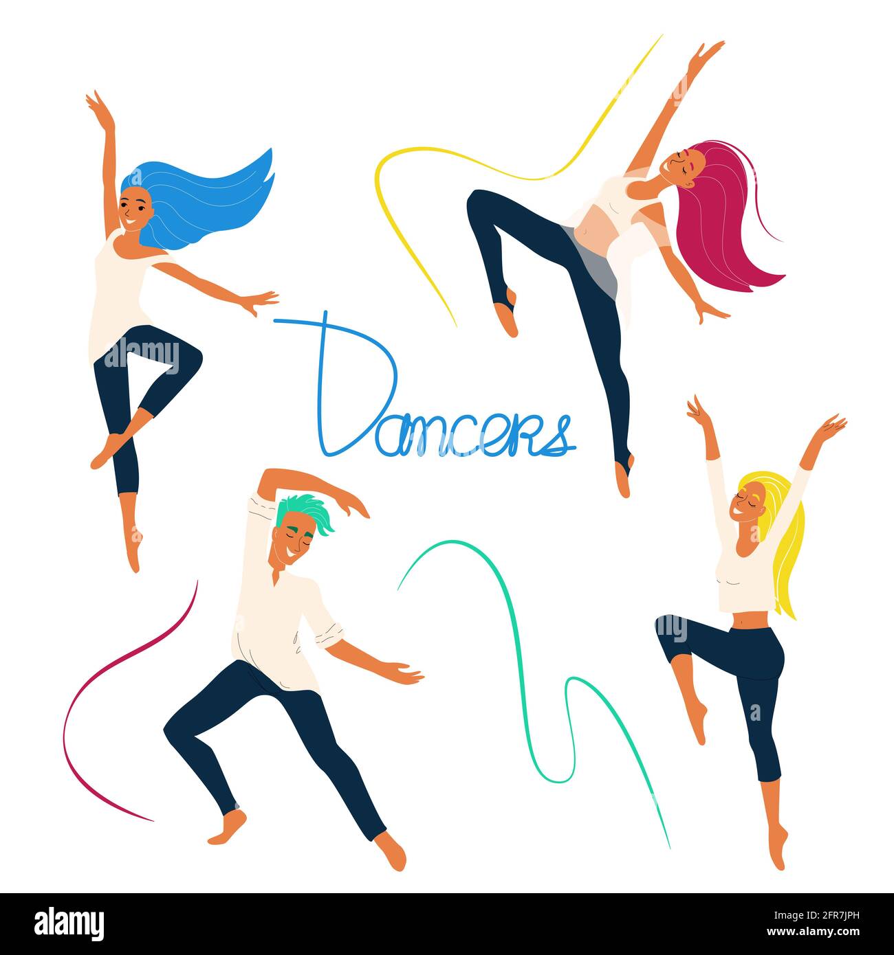 Dancers, cheerful people dancing, girls and boy engaged in modern dance, vector set of cartoon characters, flat people isolates Stock Vector