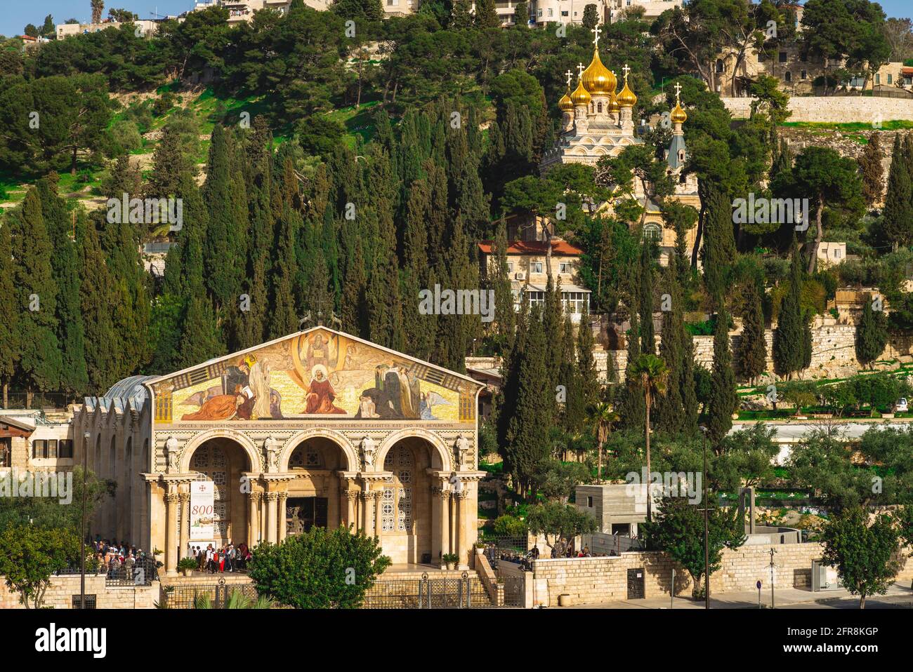 March 13, 2019: Church of Mary Magdalene and Kirche aller Nationen under Mount of Olives. Mount of Olives, aka Mount Olivet, is a mountain ridge east Stock Photo