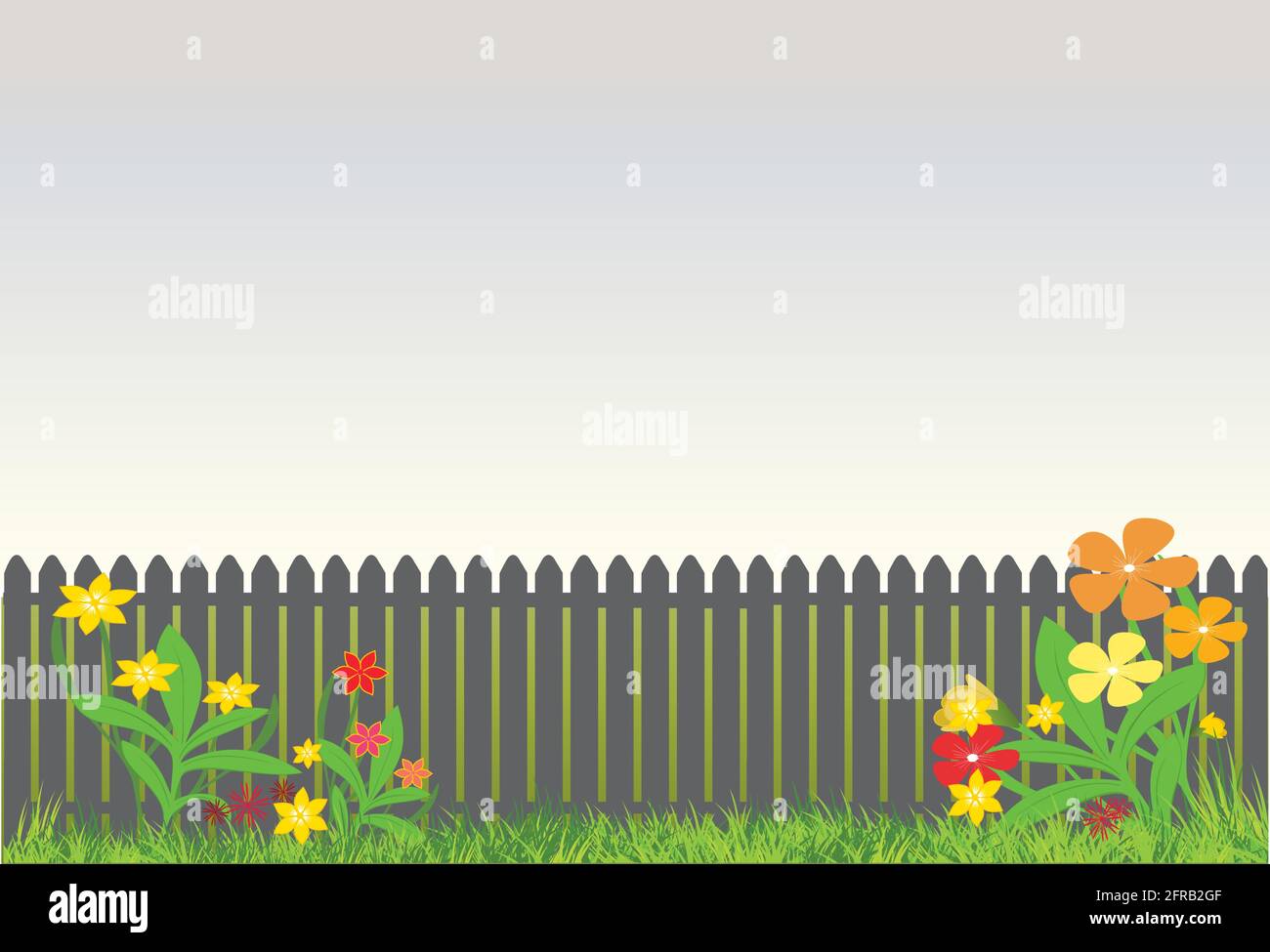 grey garden fence with pretty bright flowers in the front Stock Vector