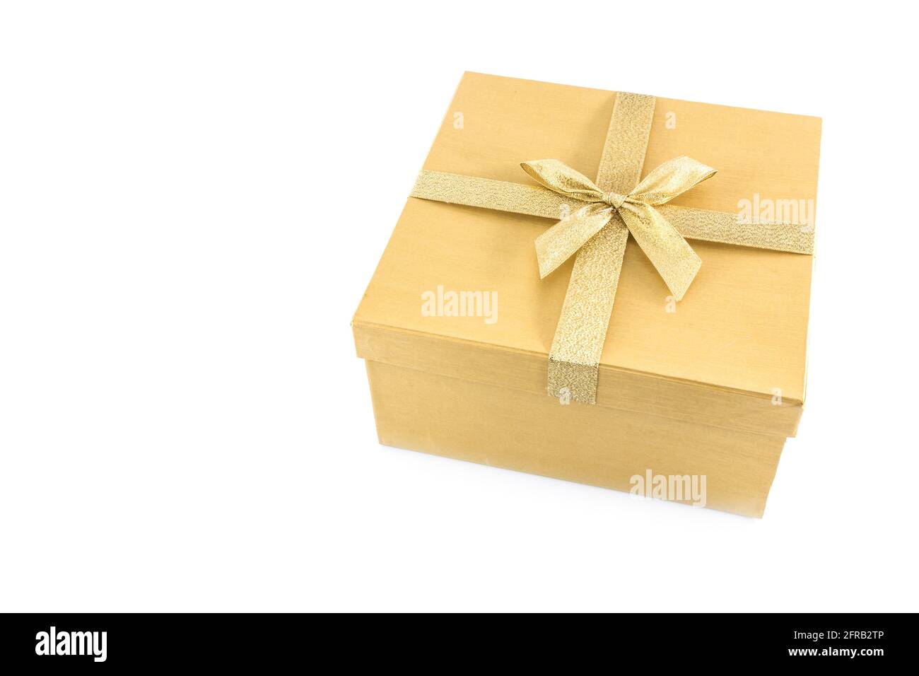 Golden gift box with golden ribbon on white background Stock Photo - Alamy