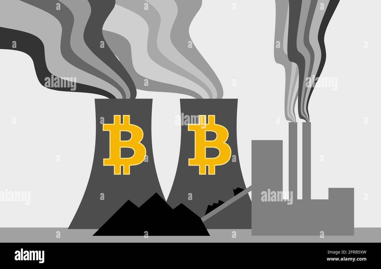 coal power station with bitcoin cooling towers illustration, bitcoin ...