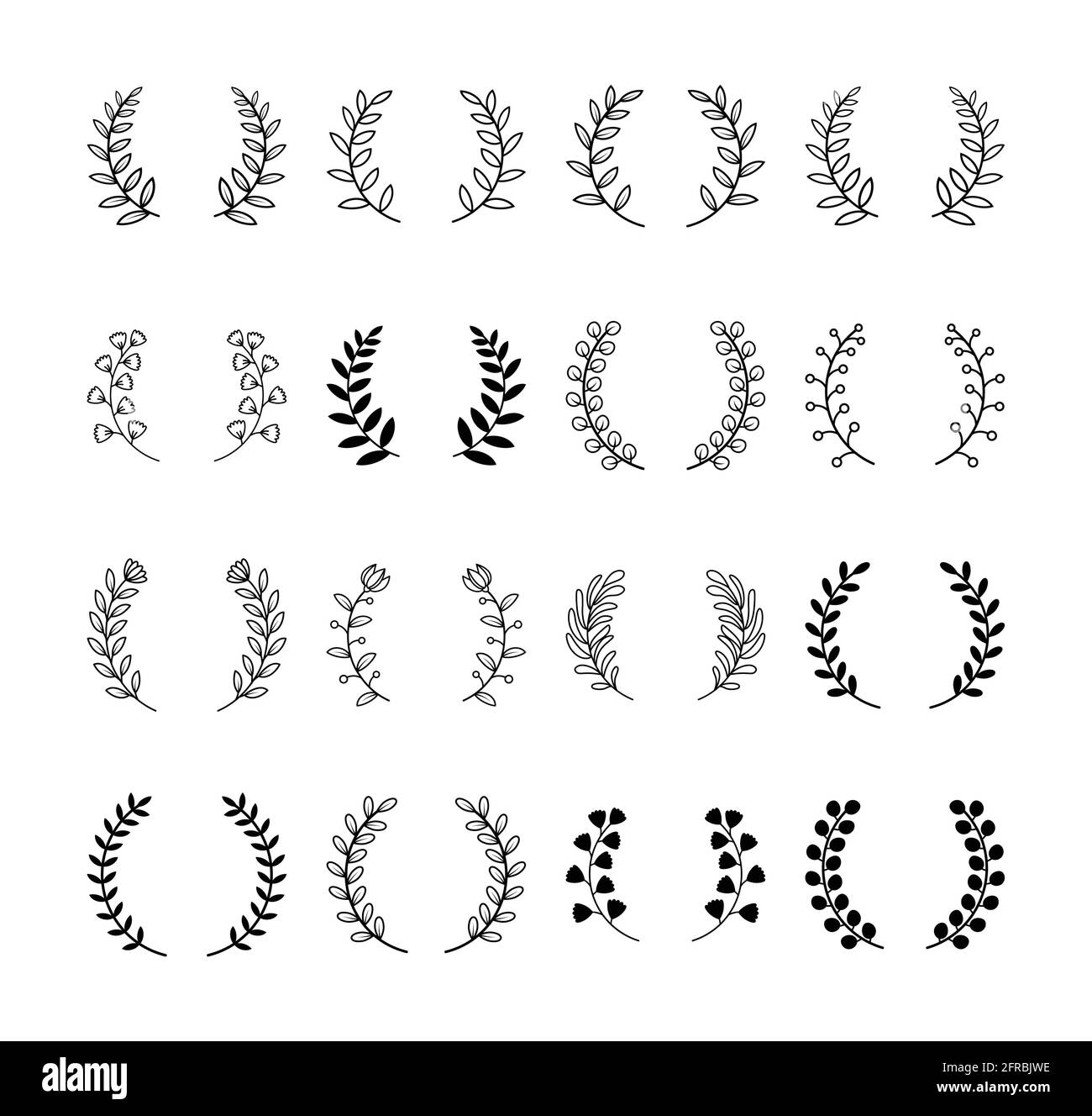 Leaf divider and floral dividers set. Laurels wreaths frames branches decorative elements. Stock Vector