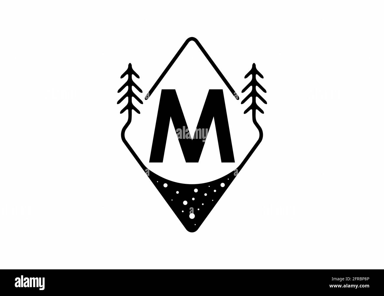 Black line art badge with pine trees and M letter design Stock Vector
