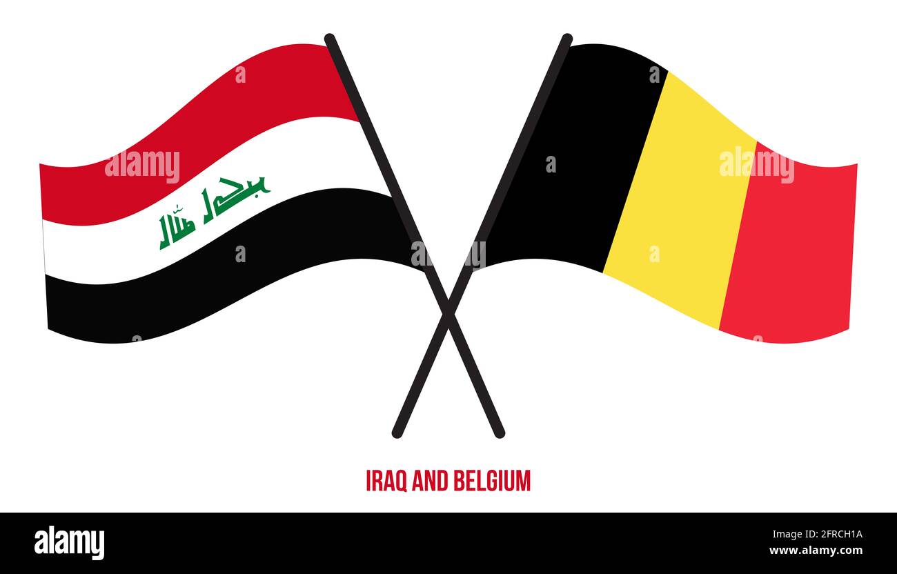 Iraq and Belgium Flags Crossed And Waving Flat Style. Official Proportion. Correct Colors. Stock Photo