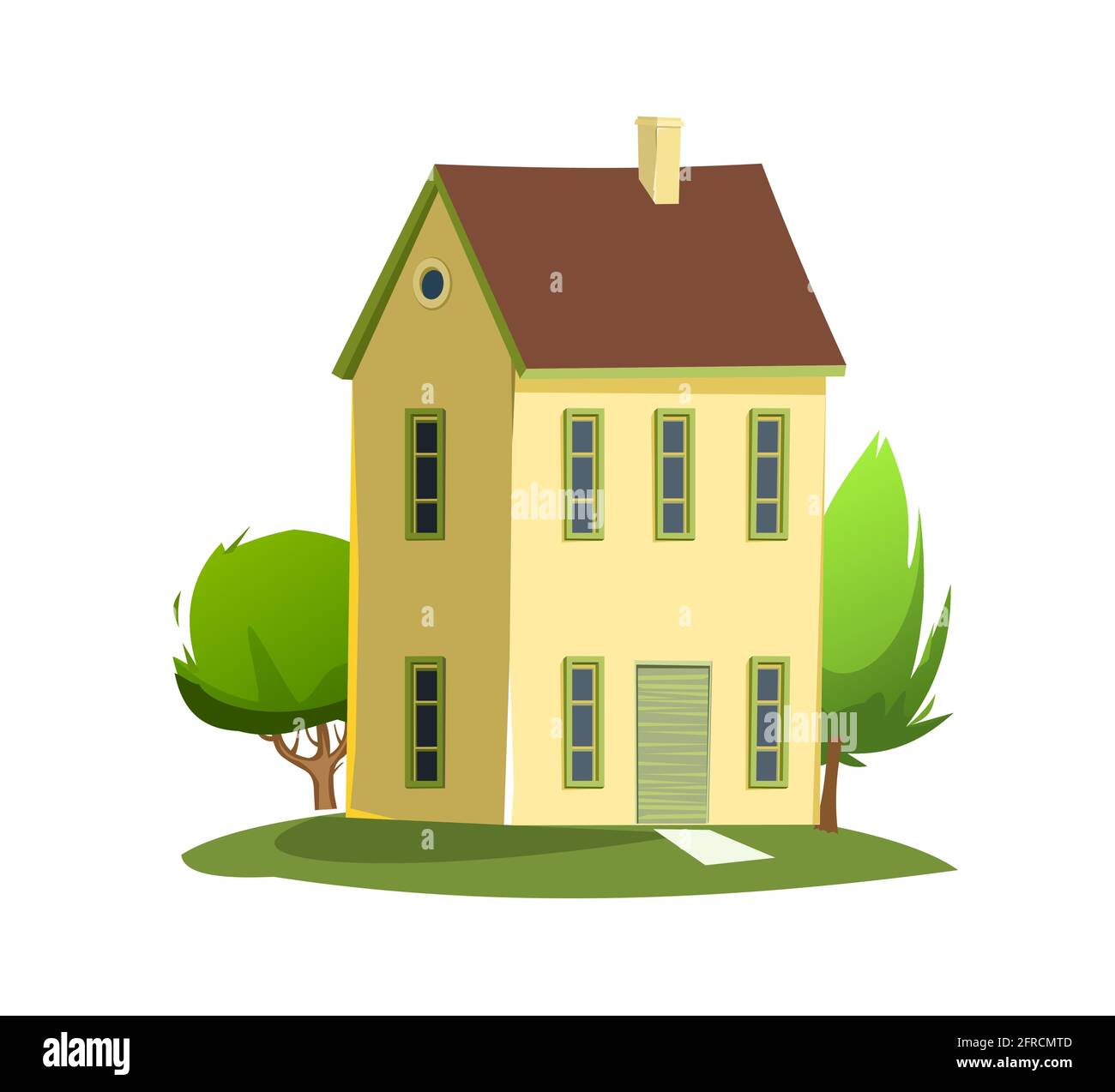 Rural house in the meadow. Half turn. Cheerful cartoon flat style. Isolated on white background. Gable brown roof. Small cozy suburban cottage with tr Stock Vector