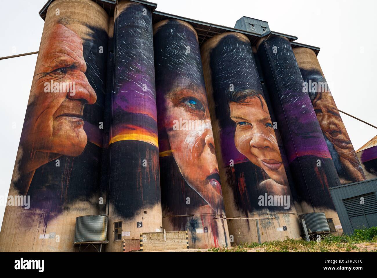 Giant art on old grain silos as part of a trail of artwork featuring local indigenous elders in Sheep Hills, Victoria, Australia Stock Photo