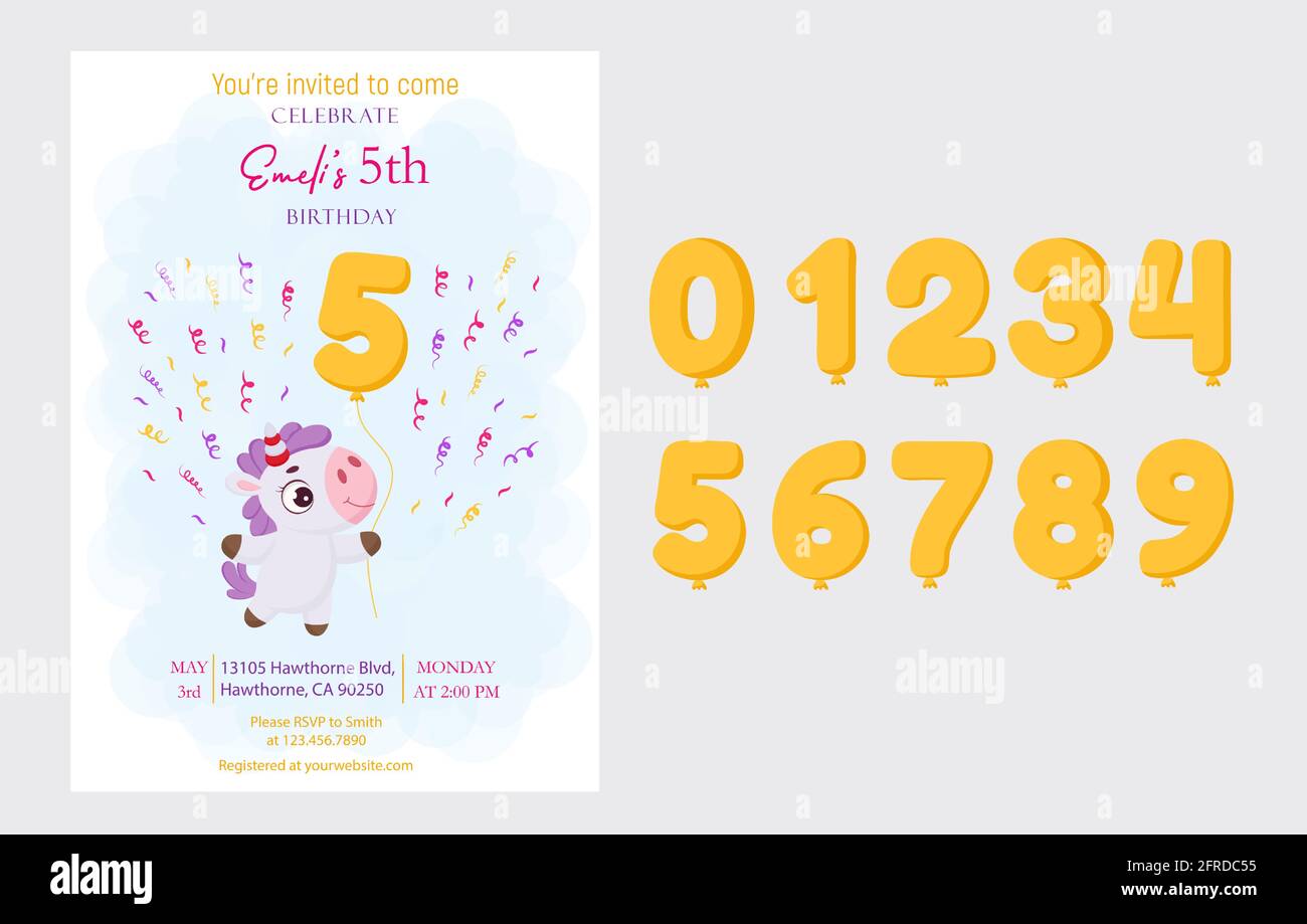 happy birthday printable party invitation card template with anniversary balloons numbers event template with cute magical unicorn flying on balloon stock vector image art alamy