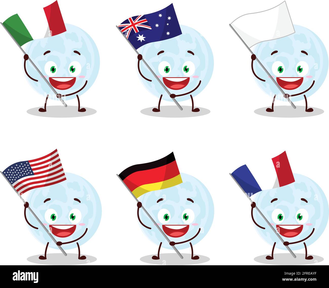 Blue moon cartoon character bring the flags of various countries.Vector
