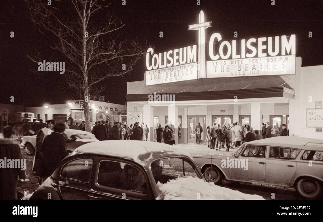The Beatles played their legendary first American concert, which was sold out, at the Washington Coliseum on February 11, 1964. The Coliseum was next door to WWDC, the first US radio station to play a Beatles record. Stock Photo