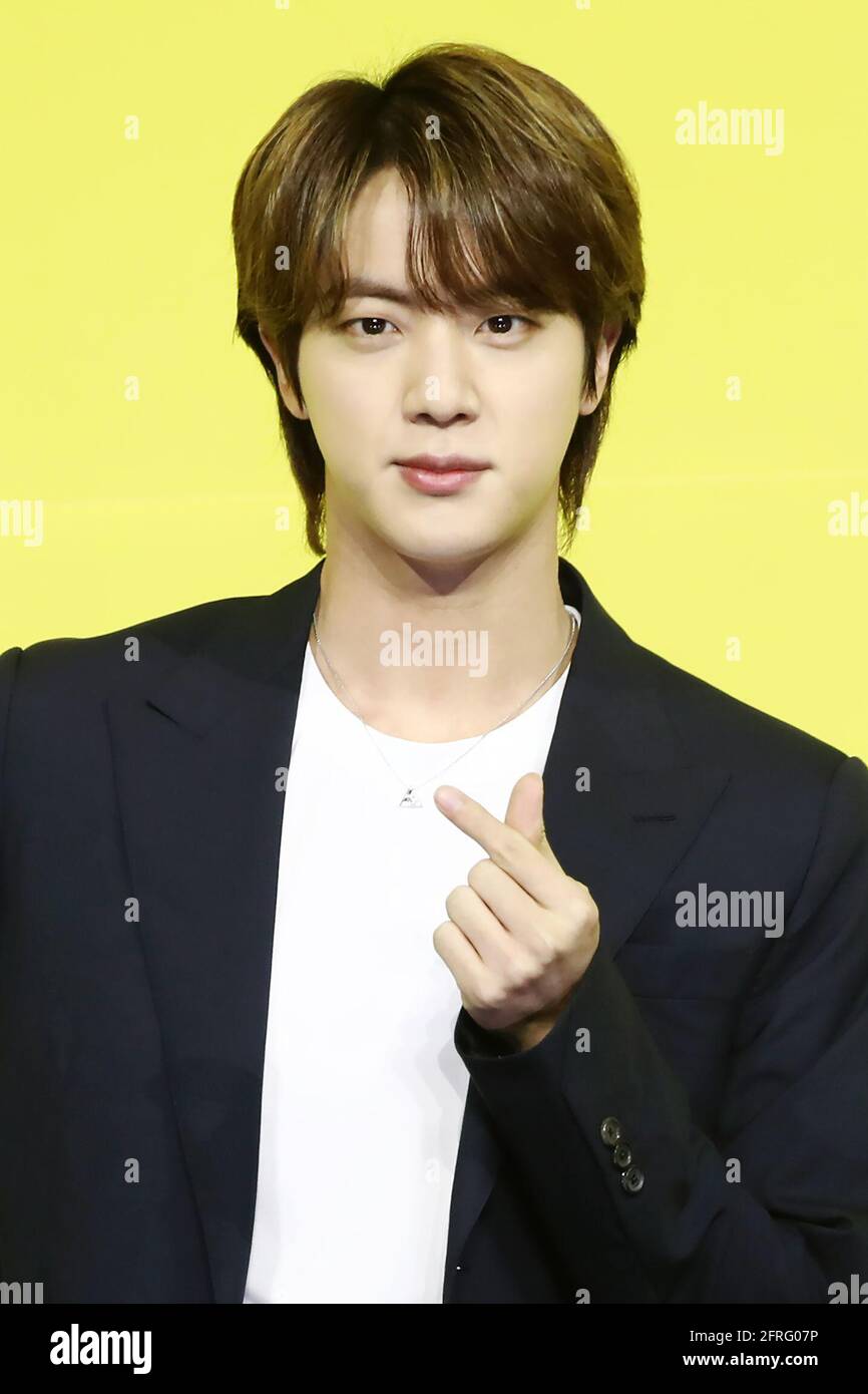 Seoul on May 21, 2021: BTS' new single 'Butter' released Jin, a member of  BTS, poses during a showcase for the septet's new single "Butter" at the  Olympic Hall in Seoul on