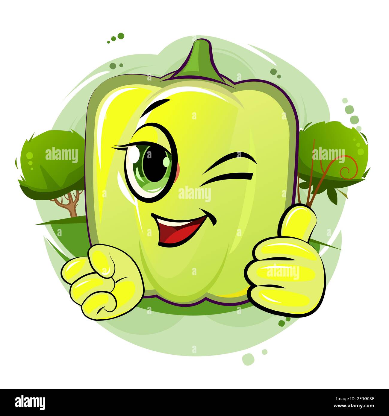 Bell pepper cheerful smile. Juicy red vegetable with a muzzle. Cartoon style. Isolated over white background. Vector illustration. Bright summer compo Stock Vector