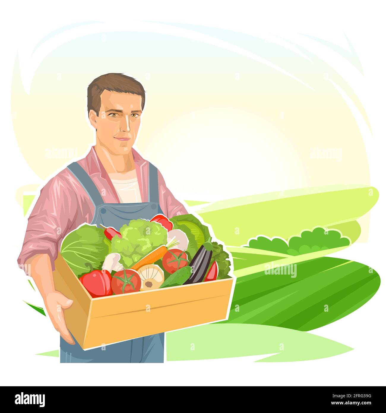 Farmer with a box of vegetables: onions, cucumbers, tomatoes, peppers, carrots, cabbage. Against the backdrop of a rural landscape. Isolated on white. Stock Vector