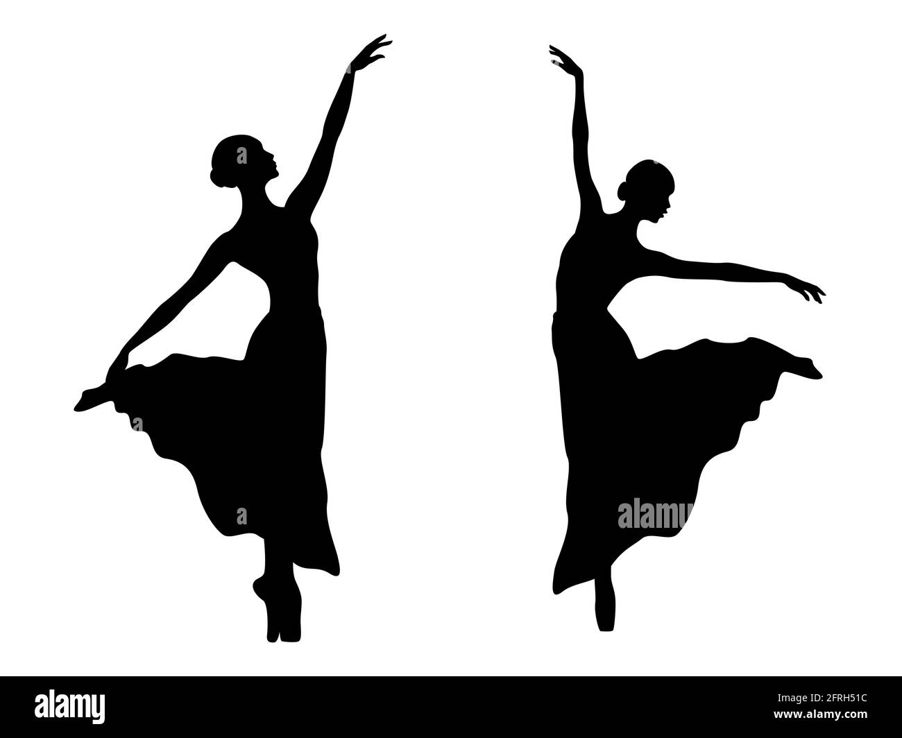 Abstract attractive slender ladies dancer in long dress, black stencil silhouettes, hand drawing vector illustration Stock Vector