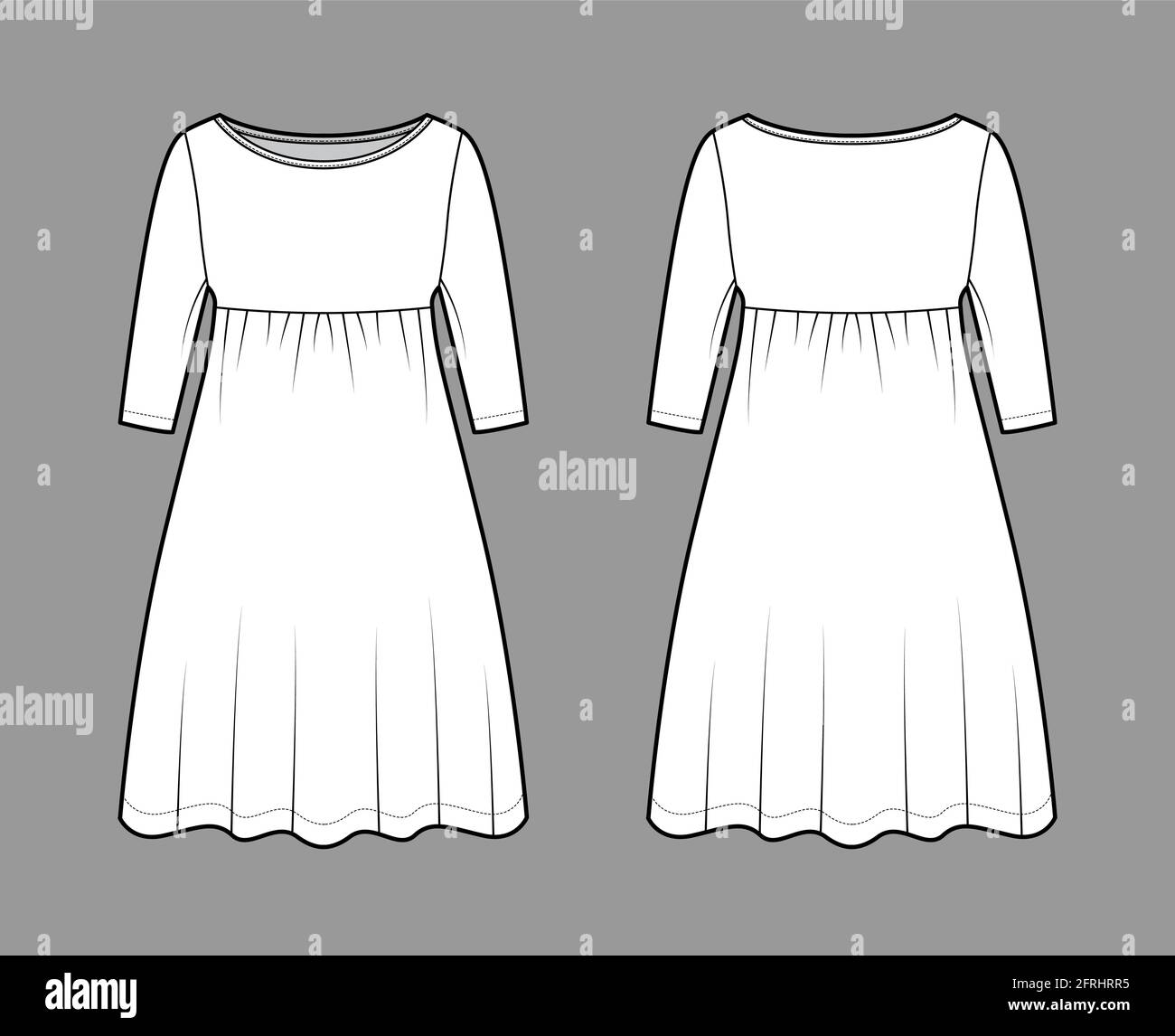 Dress babydoll technical fashion illustration with elbow sleeves, oversized body, knee length A-line skirt, boat neck. Flat apparel front, back, white color style. Women, men unisex CAD mockup Stock Vector