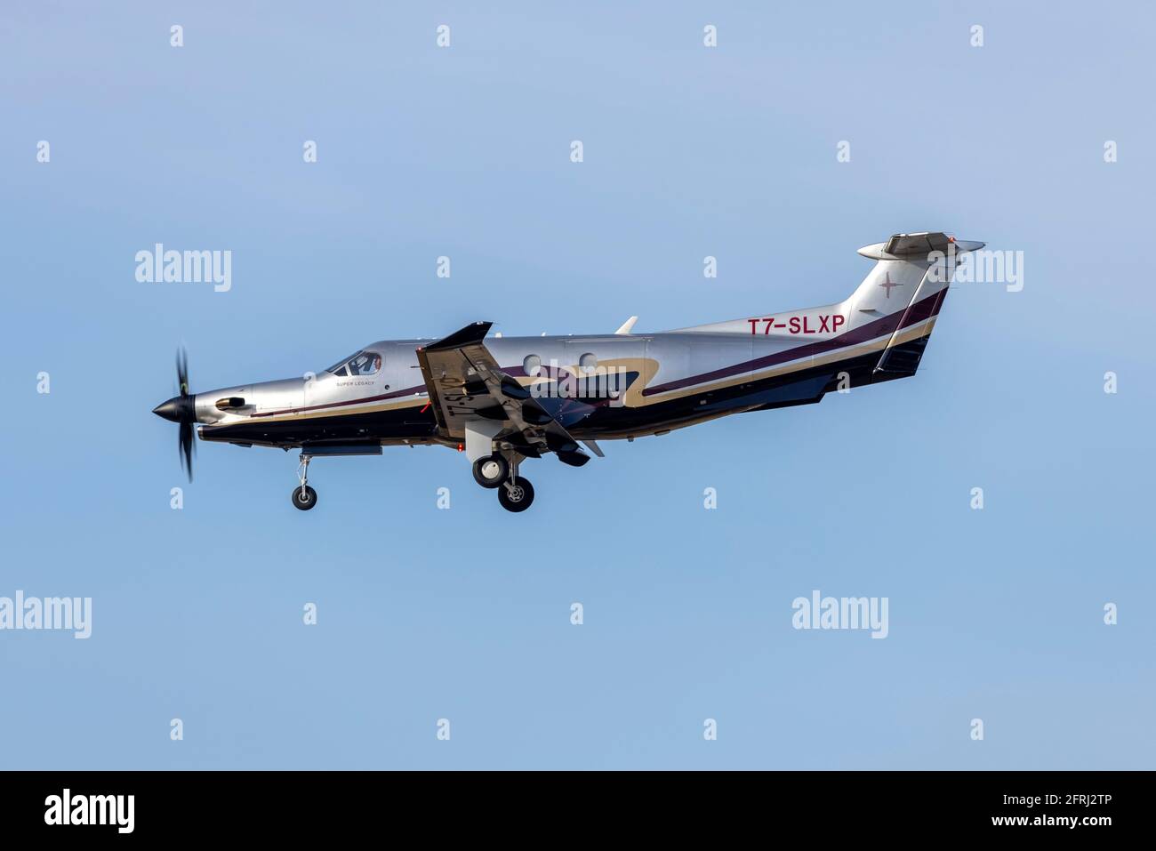 A private Pilatus PC-12-47 (REG: T7-SLXP) arriving from France. Stock Photo