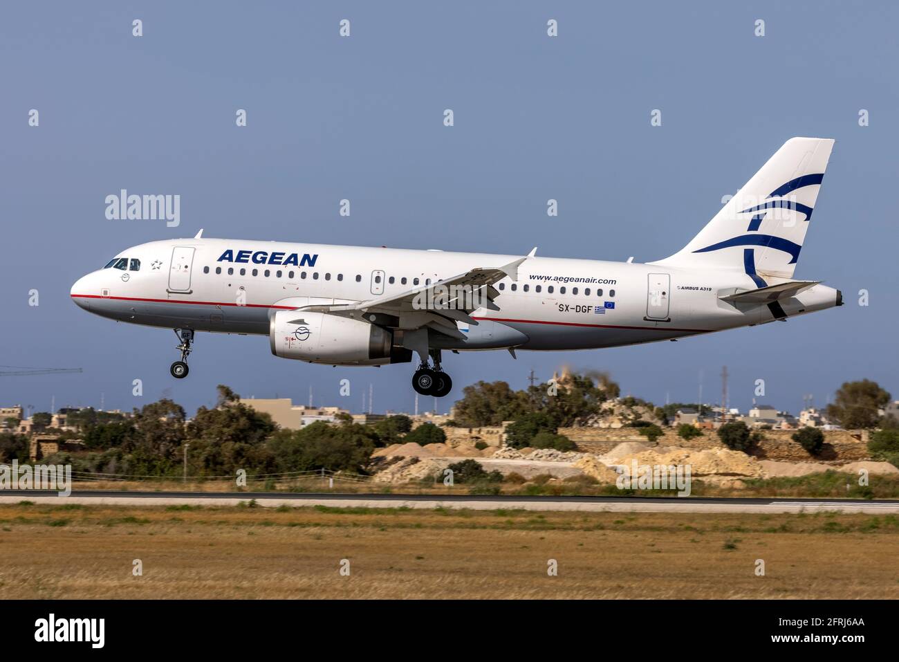 Aegean Airlines Airbus A319-132 (REG: SX-DGF) arriving from Athens replacing the usual Dash 8. Stock Photo