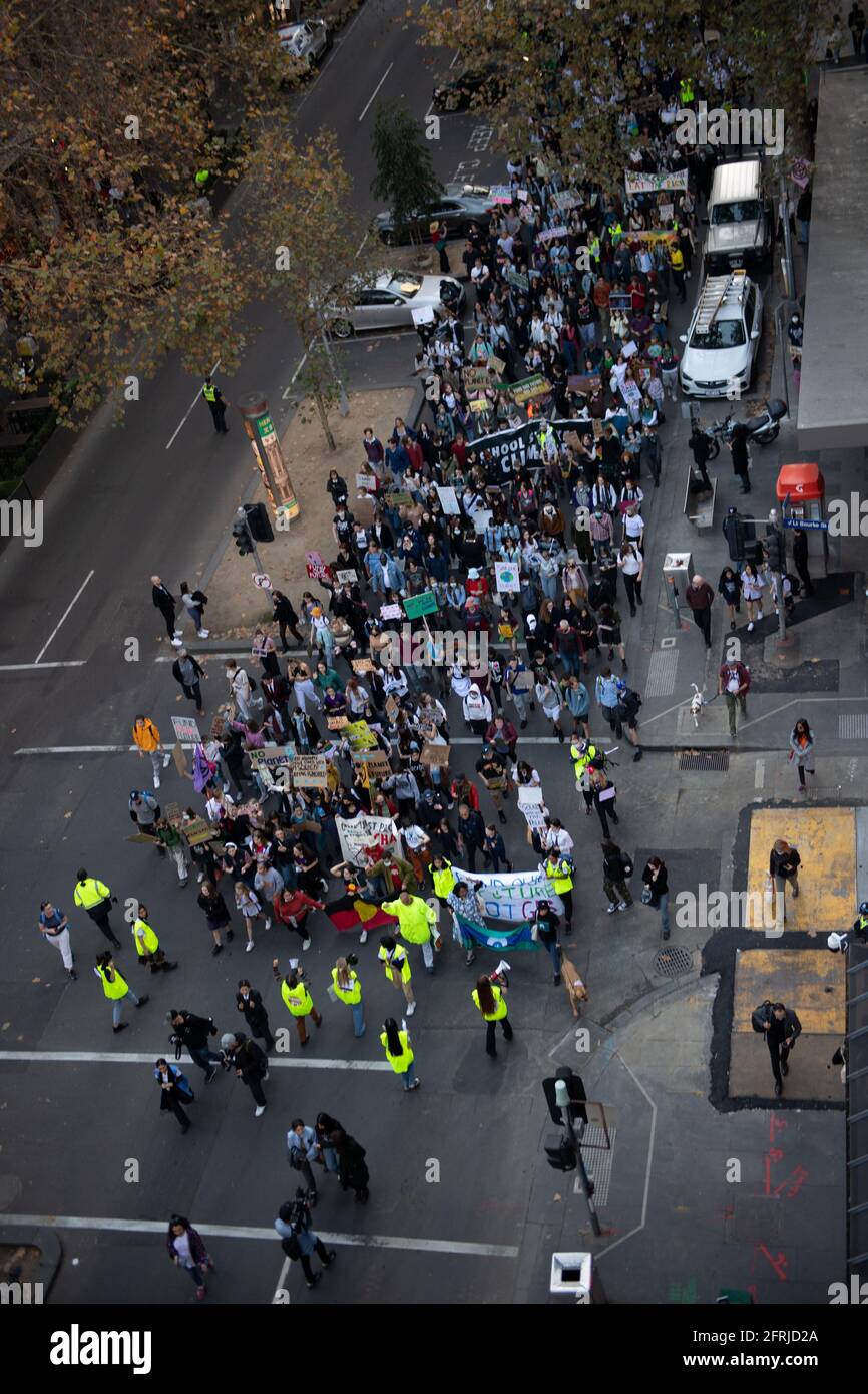 Melbourne, Australia 21 May 2021, School strike protesters on Russel Street during a rally that brought 1000s of school students and supporters to the streets  of Melbourne for the 'Schools Strike 4 Climate' protests that called on governments around the world to take action on Climate change. Credit: Michael Currie/Alamy Live News Stock Photo