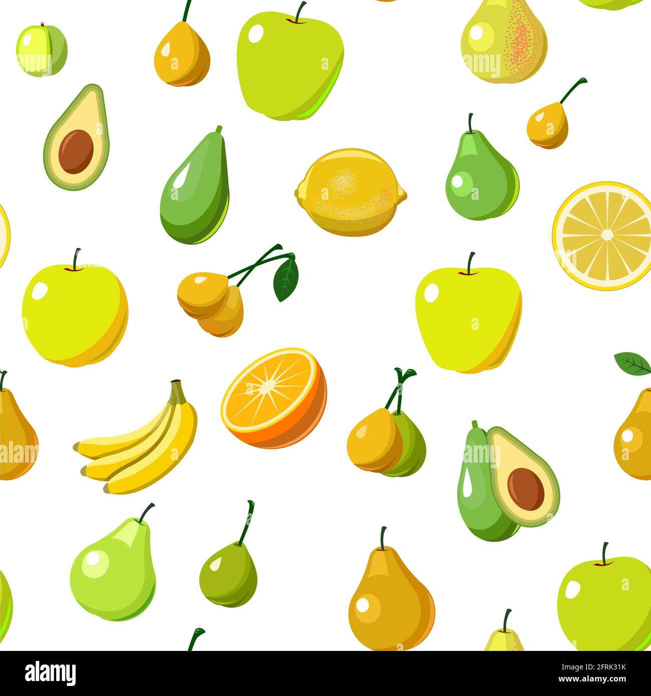 The most popular fruits are fruit trees in the tropics and temperate climates. Seamless. Cartoon flat style. Apples, plums, bananas, oranges, lemons, Stock Vector