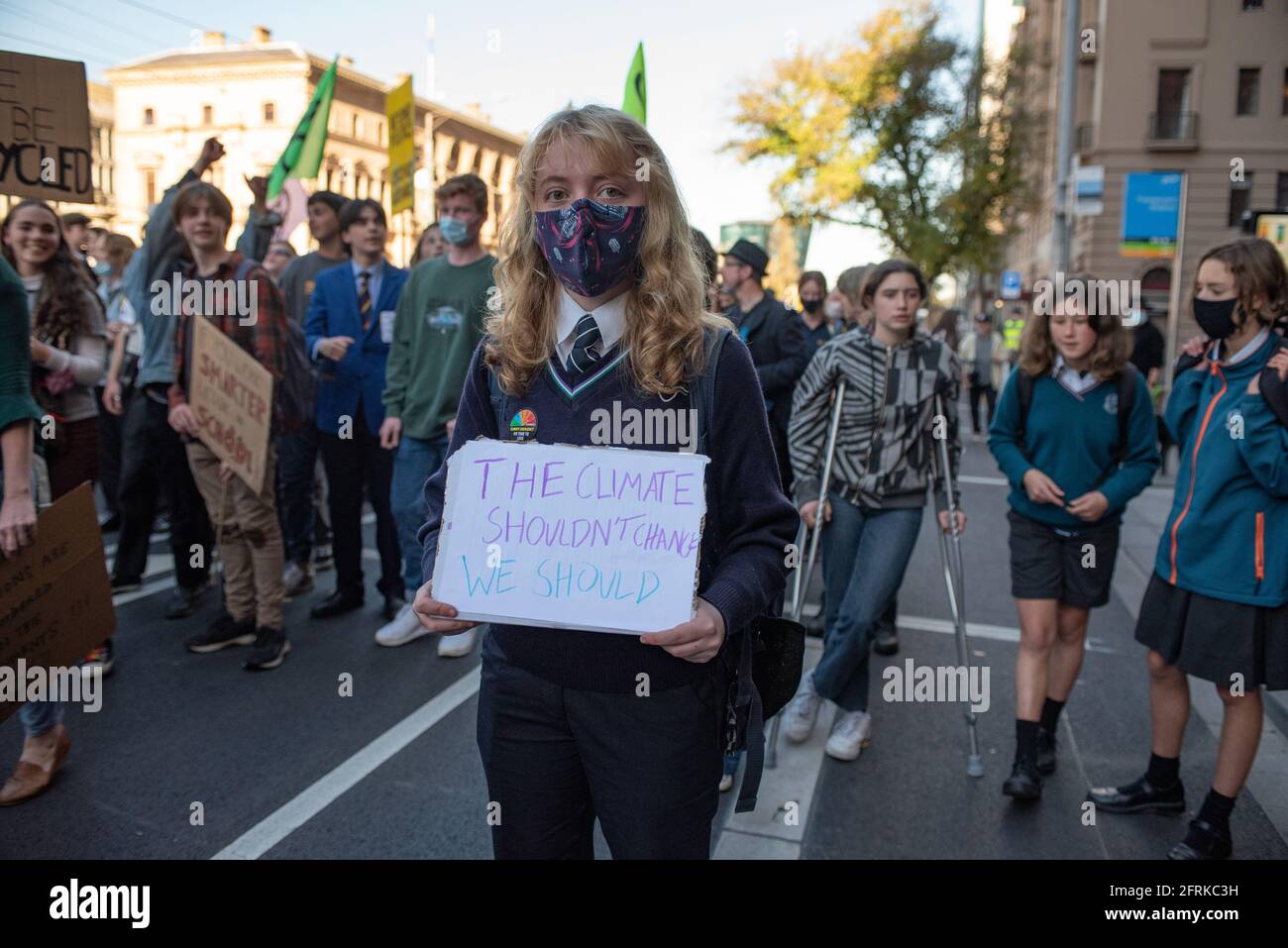 Melbourne, Australia. 21st May 2021. Thousands of students march through Melbourne to protest against Australian politicians’ inaction on climate change. Credit: Jay Kogler/Alamy Live News Stock Photo