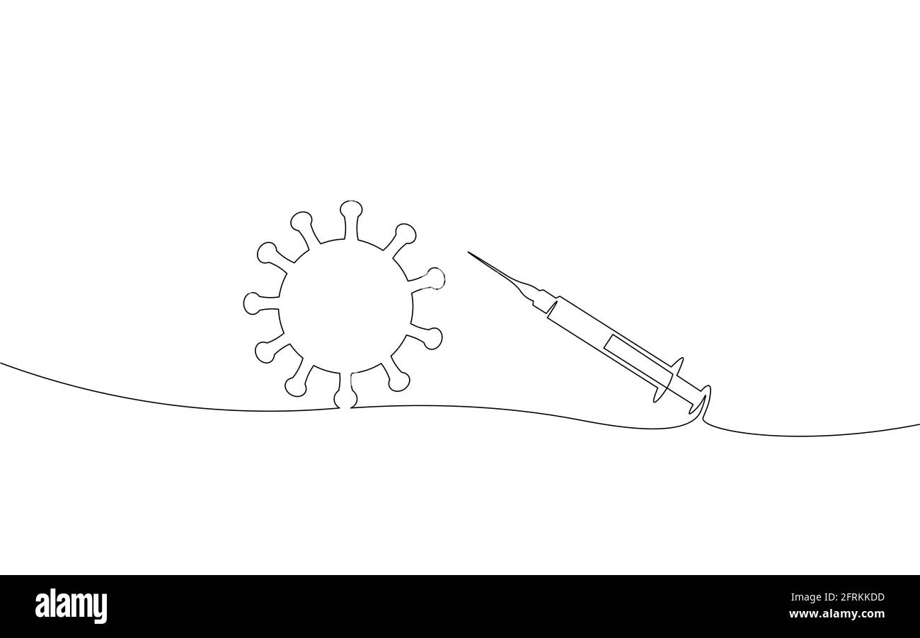 Vaccine syringe one single line art concept. Pandemic COVID coronavirus safe hand drawn sketch. Injection epidemia pneumonia allergy white monochrome Stock Vector